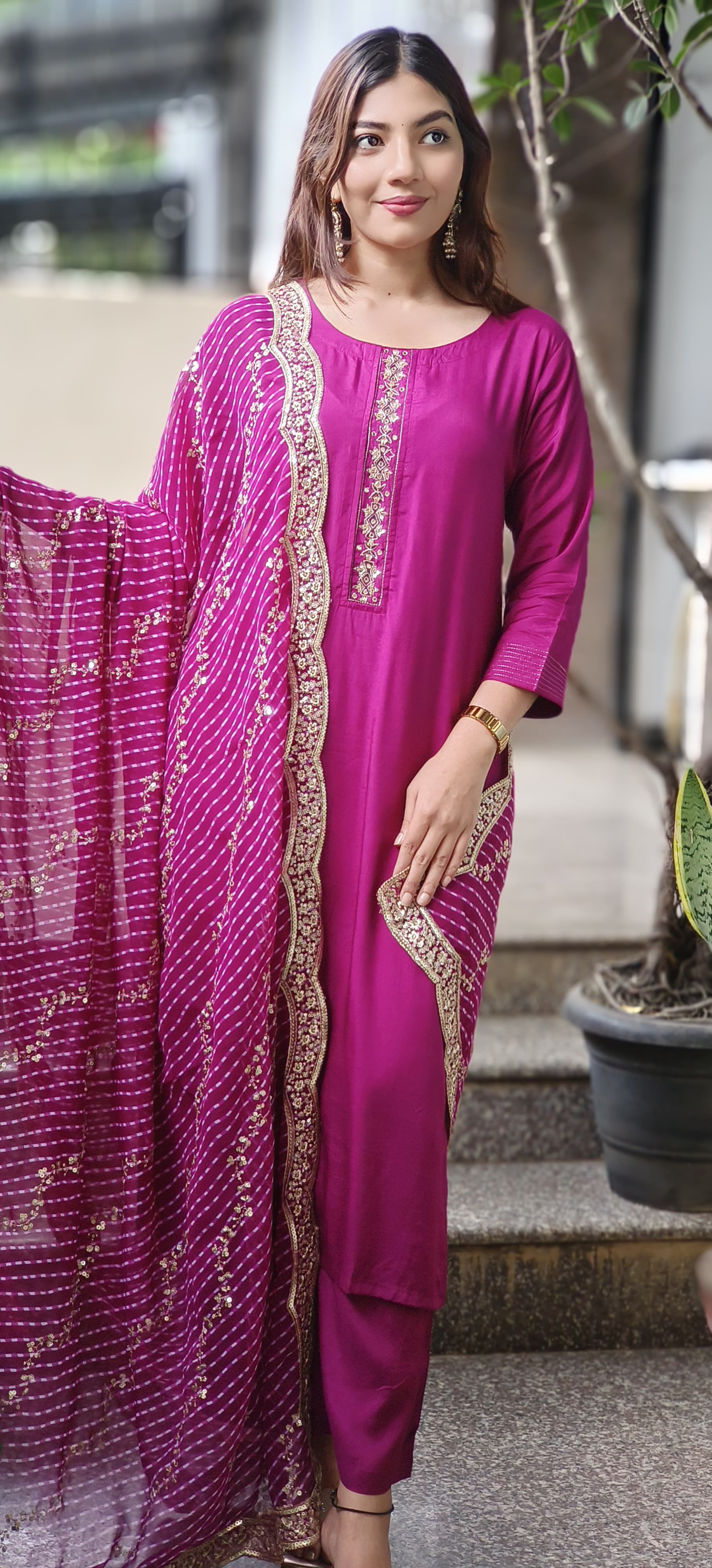 Leheriya Dupatta with Zari Embroidered Border & Sequin Detailing (Dupatta Only)