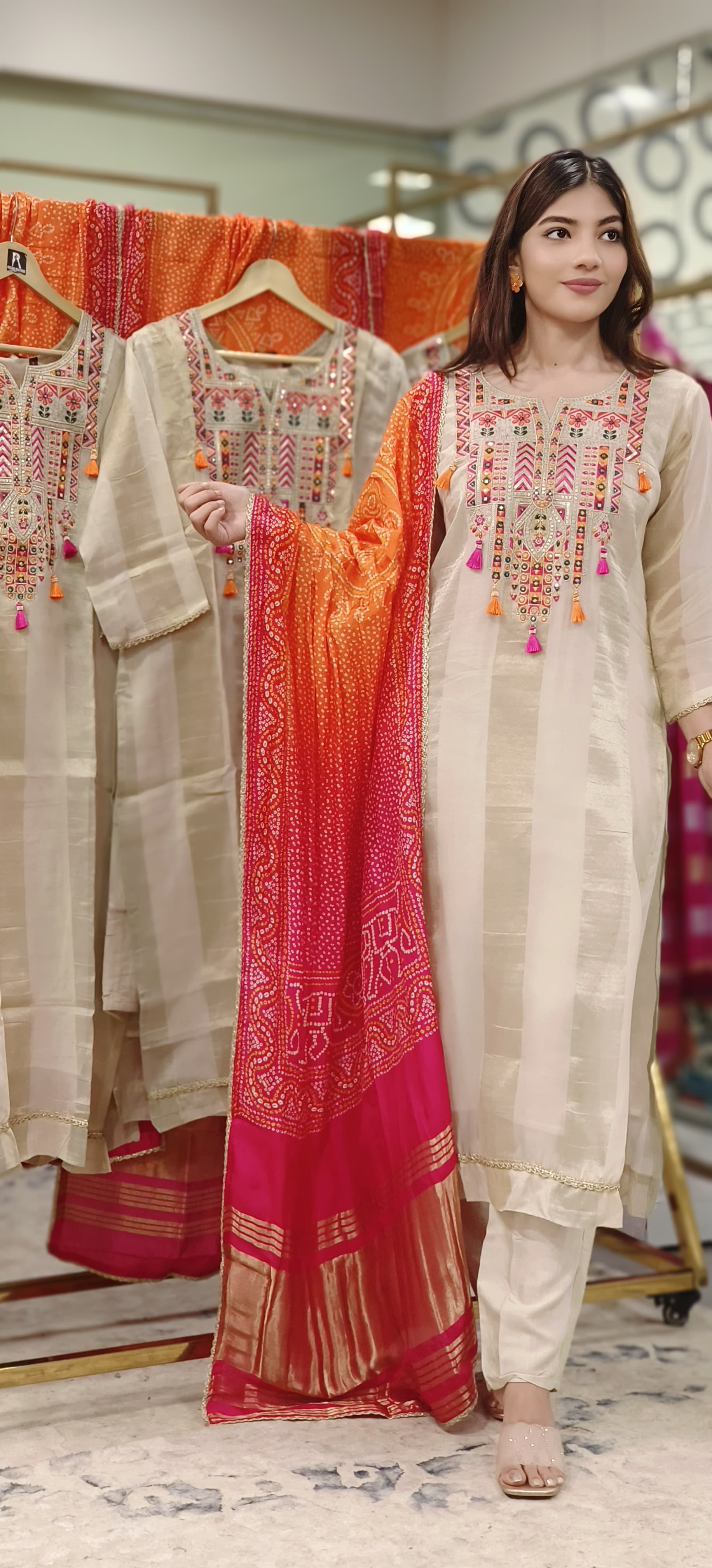 Foil Mirror Multicolored Embroidered Yoke Full Suit Set With Bandhej Dupatta In Shimmer Tissue Fabric