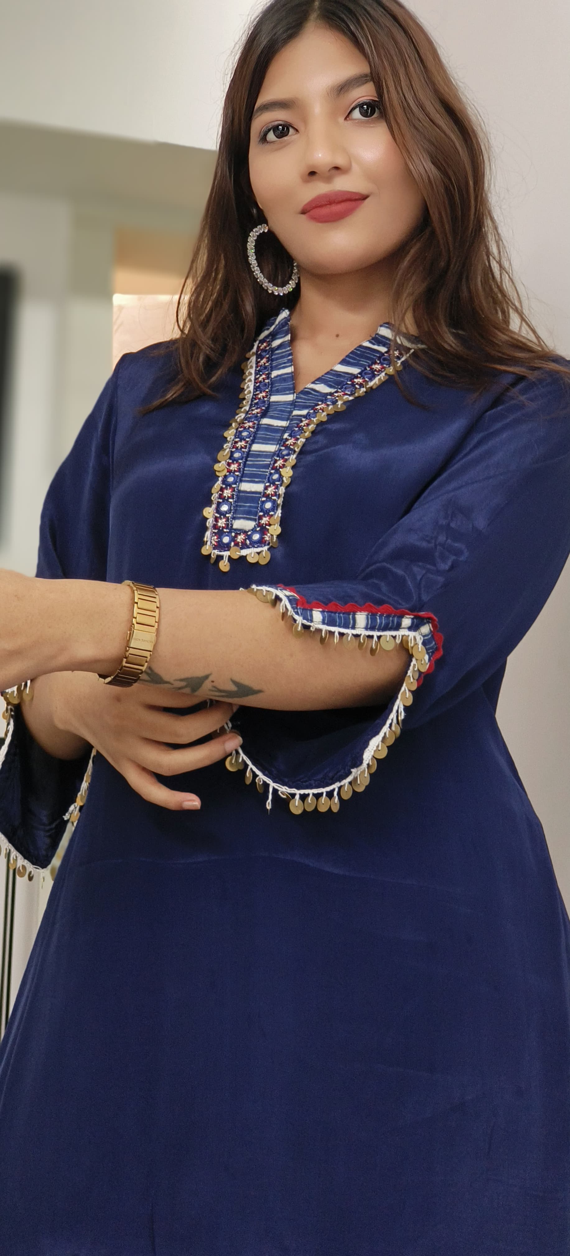 Solid Kurta With Striped Pant Set In Muslin Fabric- 10448