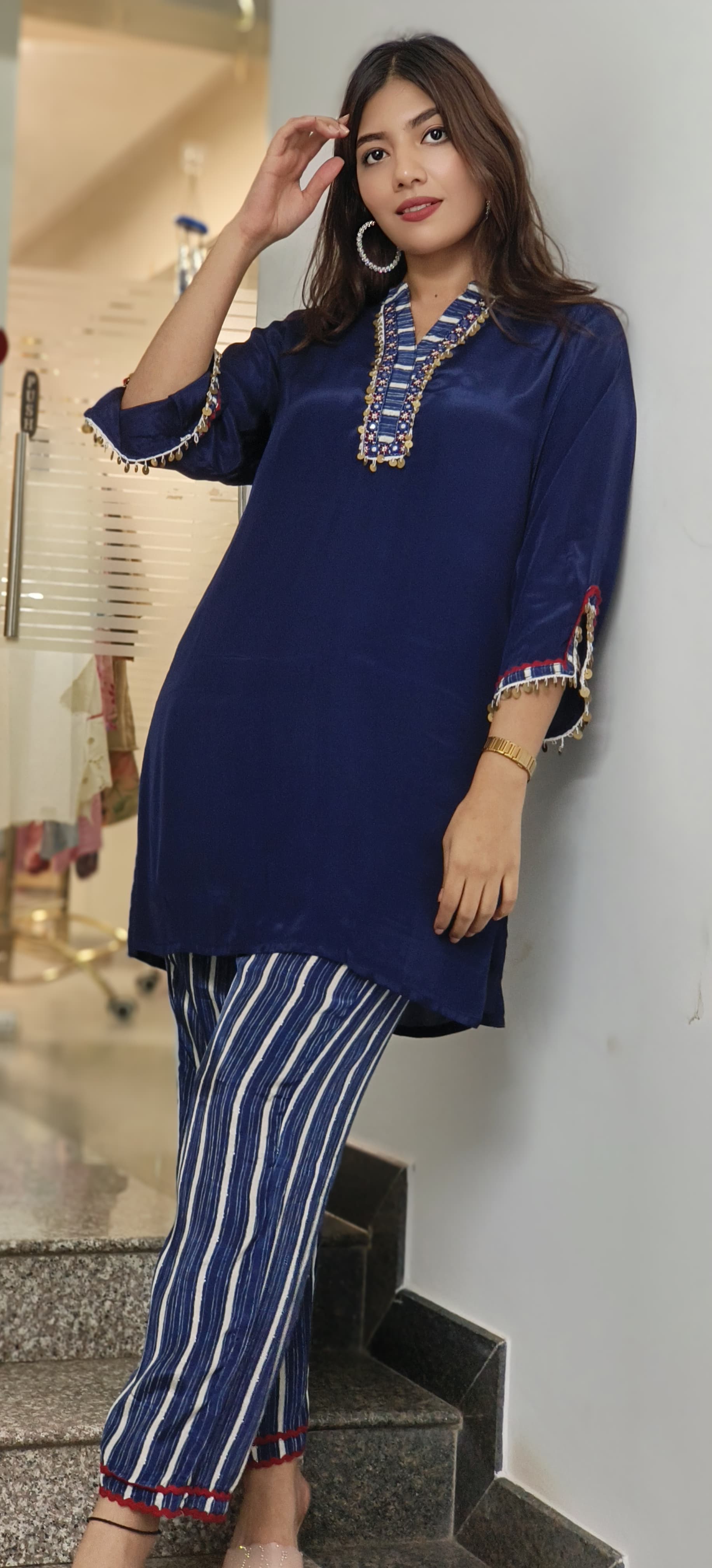 Solid Kurta With Striped Pant Set In Muslin Fabric- 10448