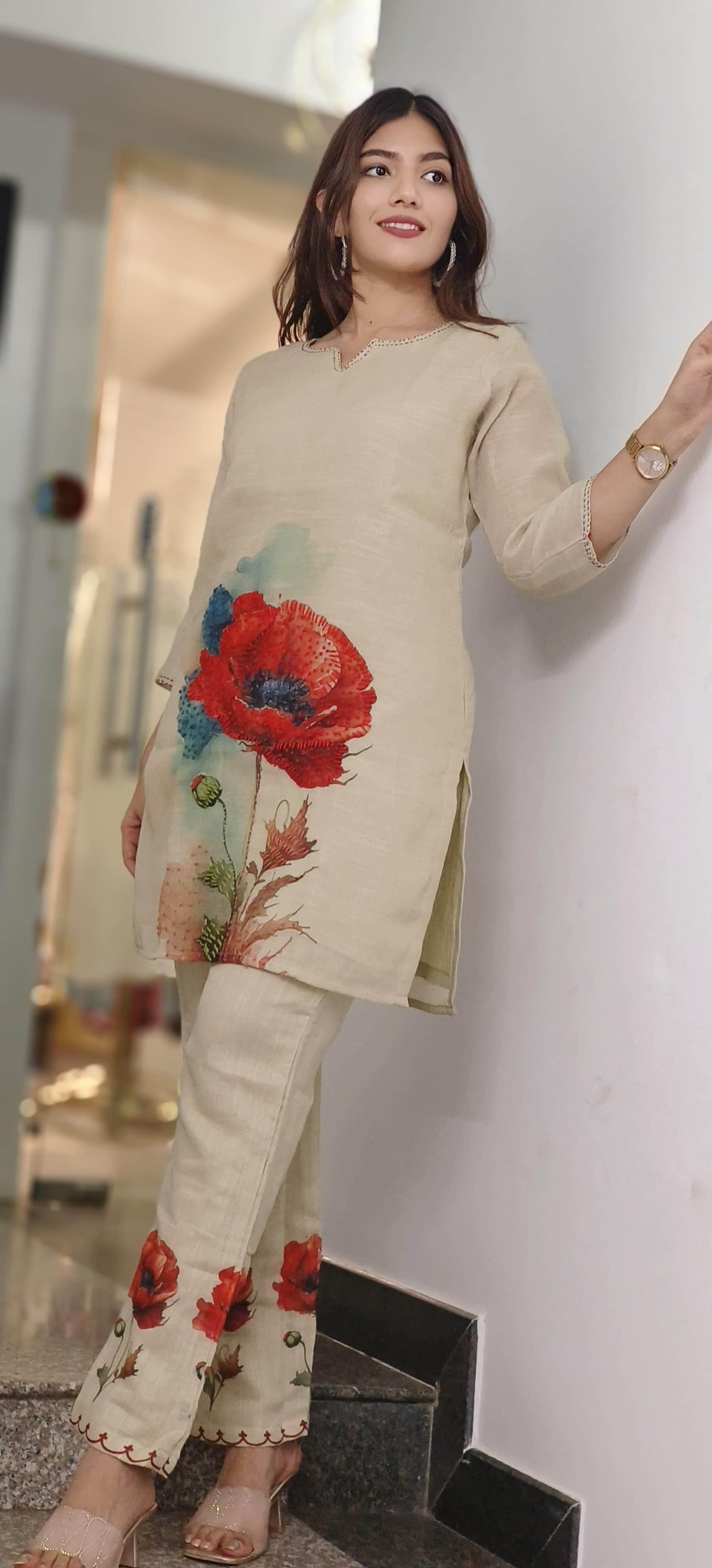 Jute Fabric Flower Print Look Co-Ord Set