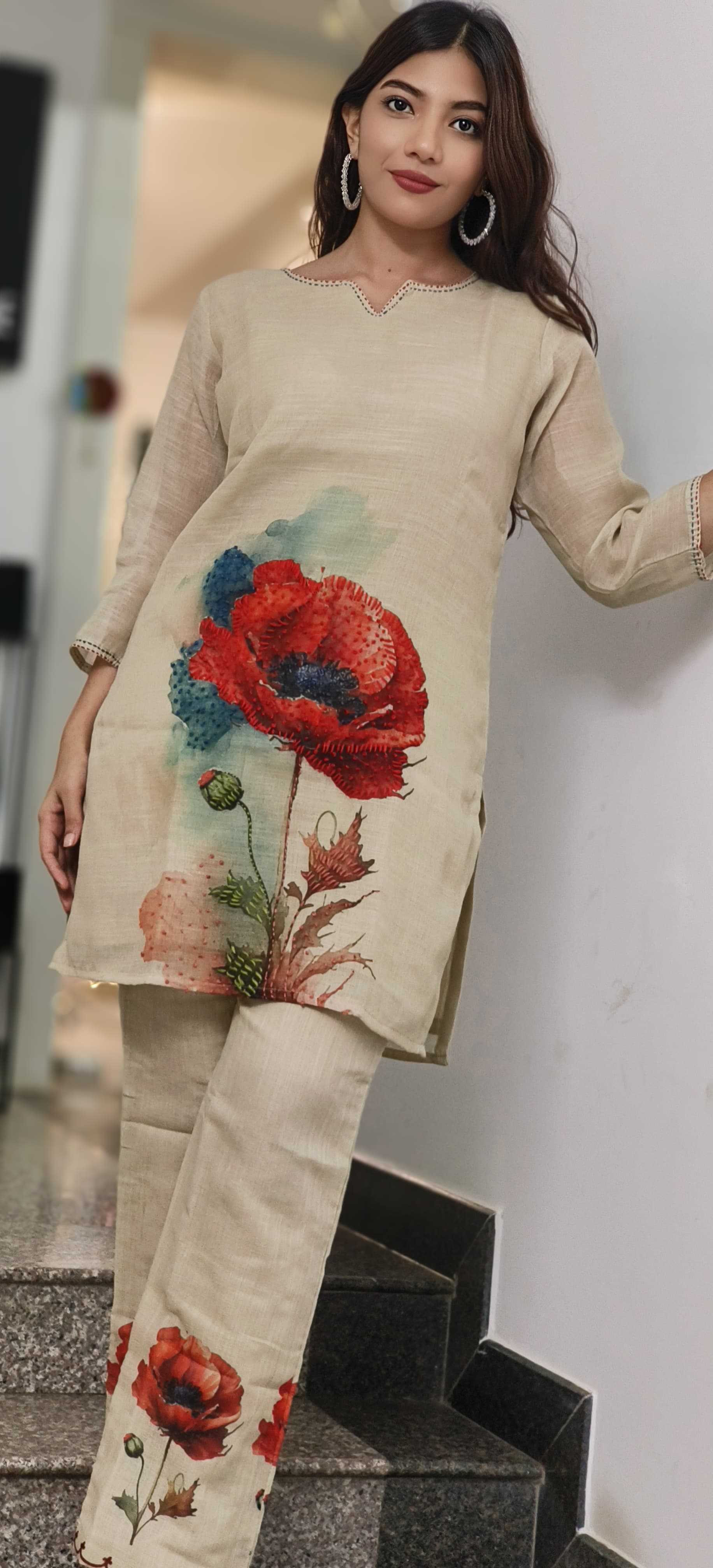 Jute Fabric Flower Print Look Co-Ord Set