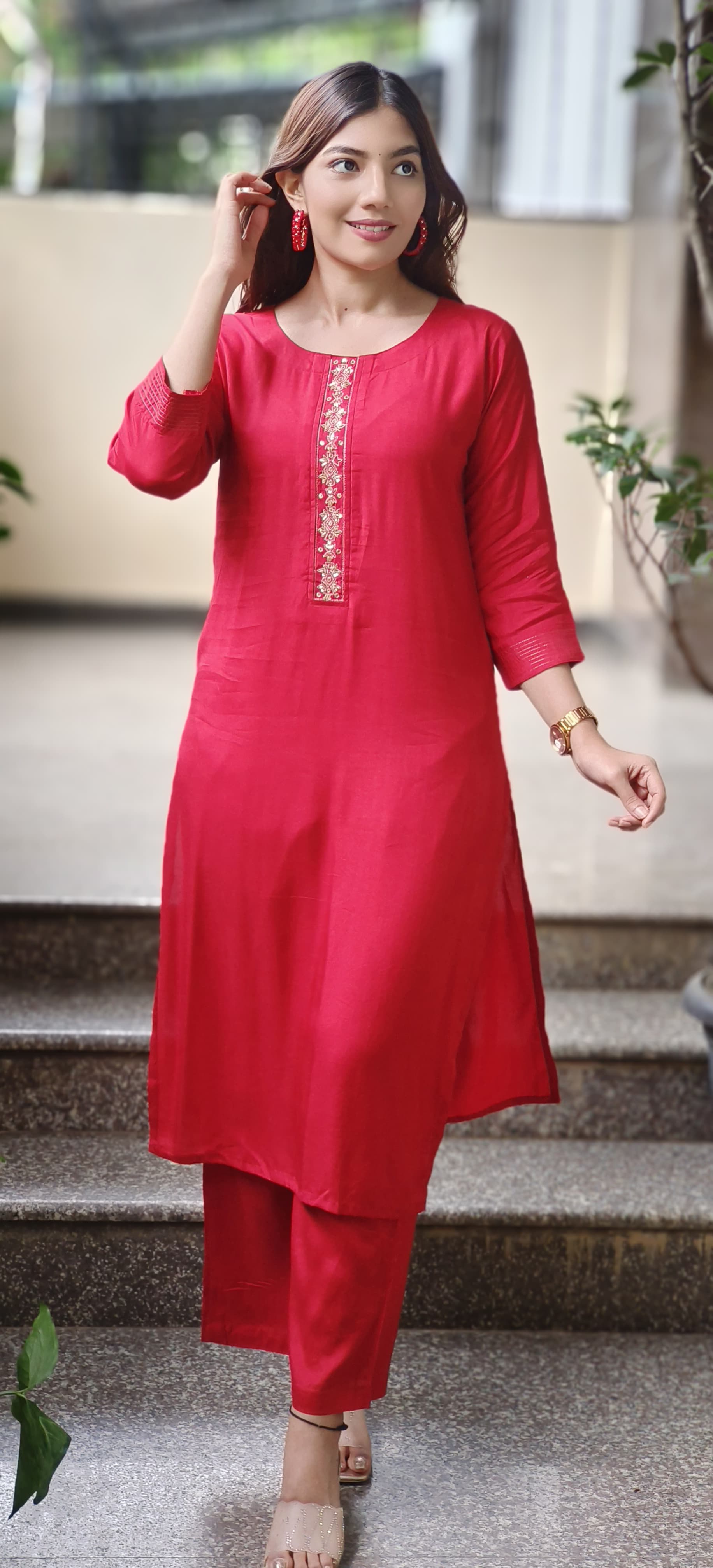Minimal Embroidery Solid Straight Kurta Pant Set In Muslin Fabric(Lean Fit)