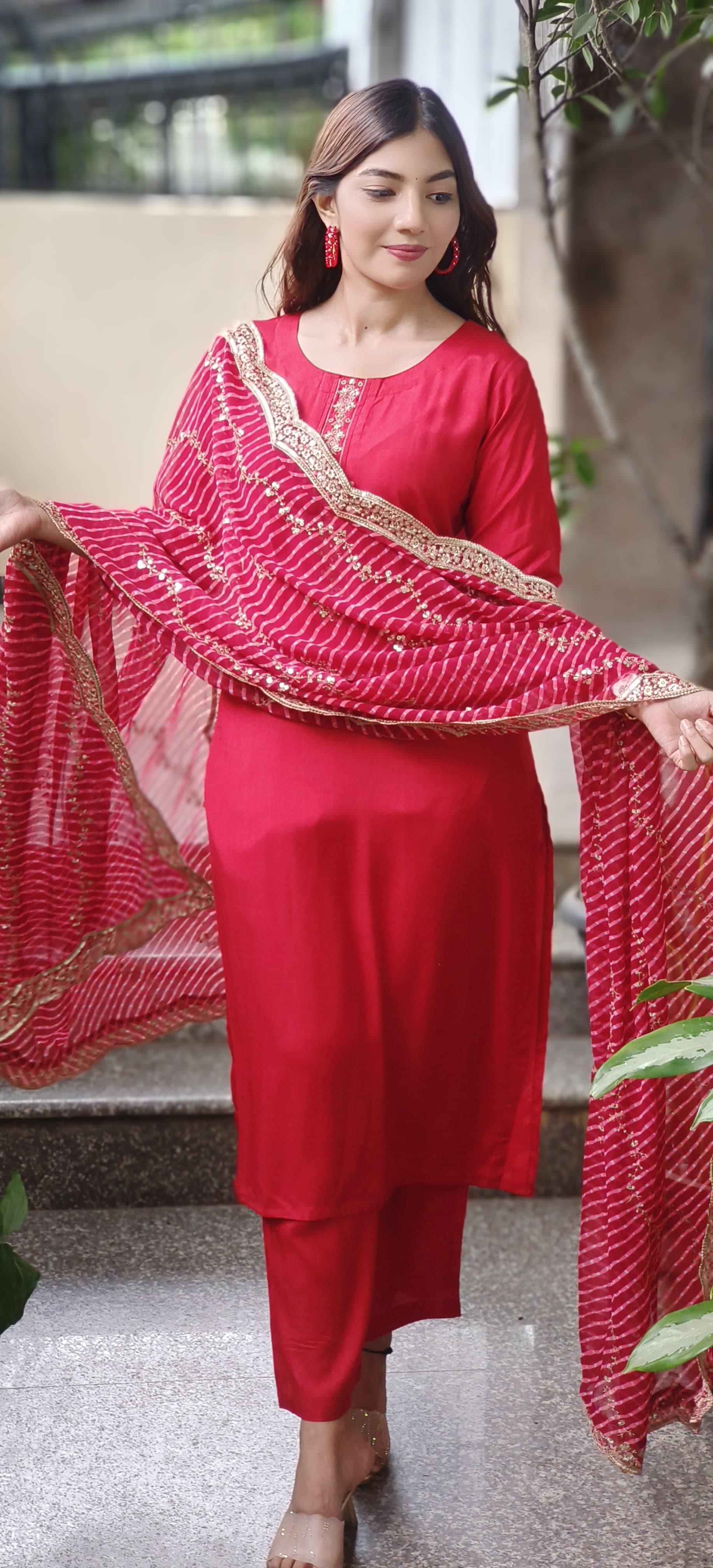 Leheriya Dupatta with Zari Embroidered Border & Sequin Detailing (Dupatta Only)