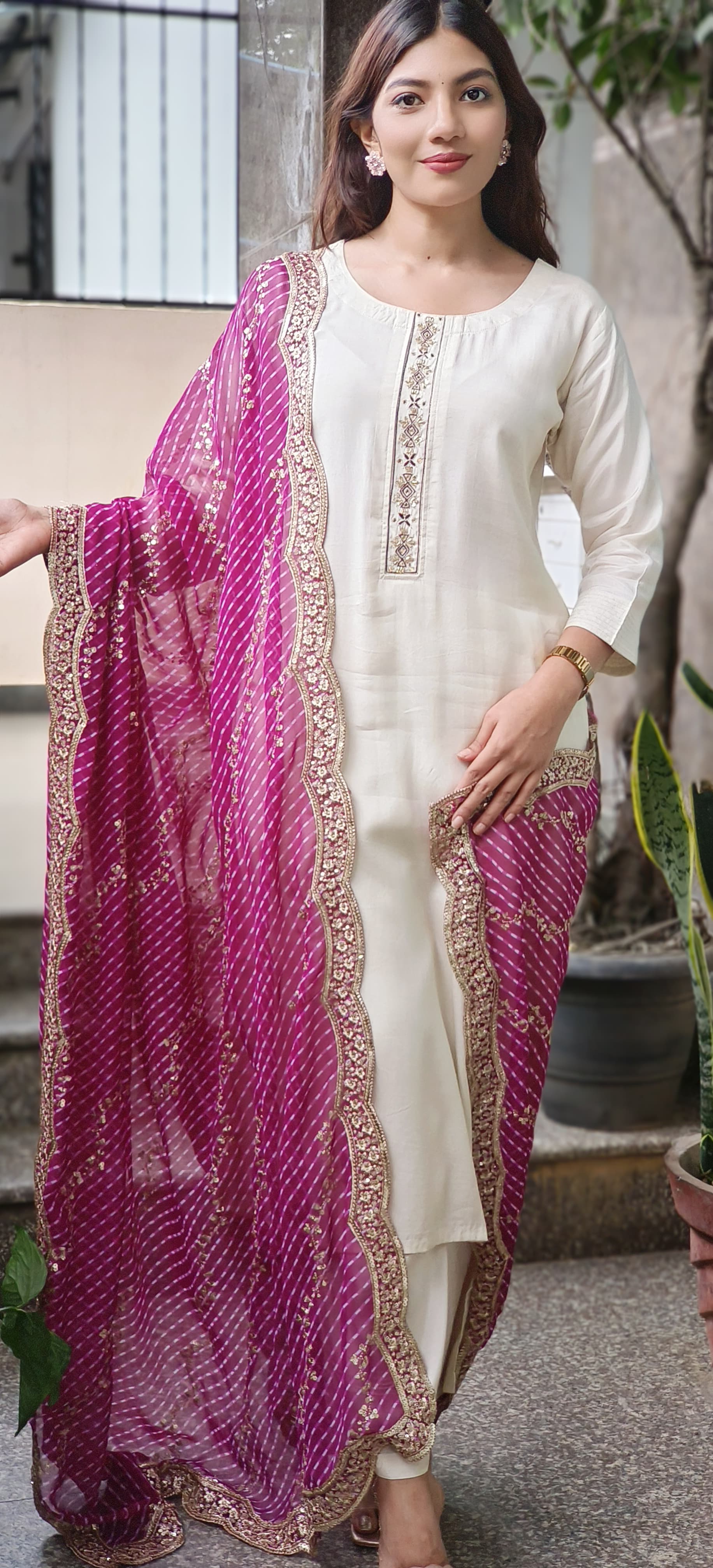 Leheriya Dupatta with Zari Embroidered Border & Sequin Detailing (Dupatta Only)