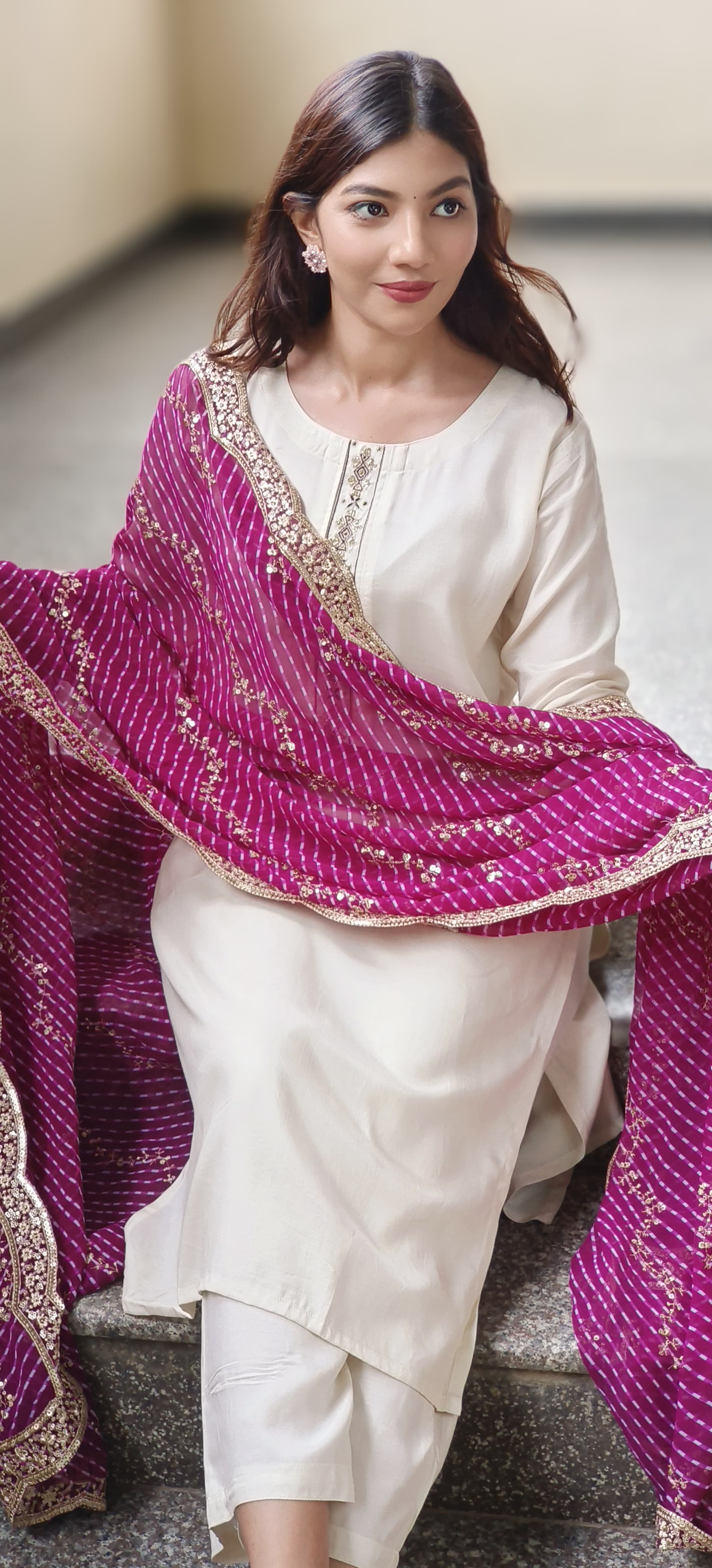 Leheriya Dupatta with Zari Embroidered Border & Sequin Detailing (Dupatta Only)