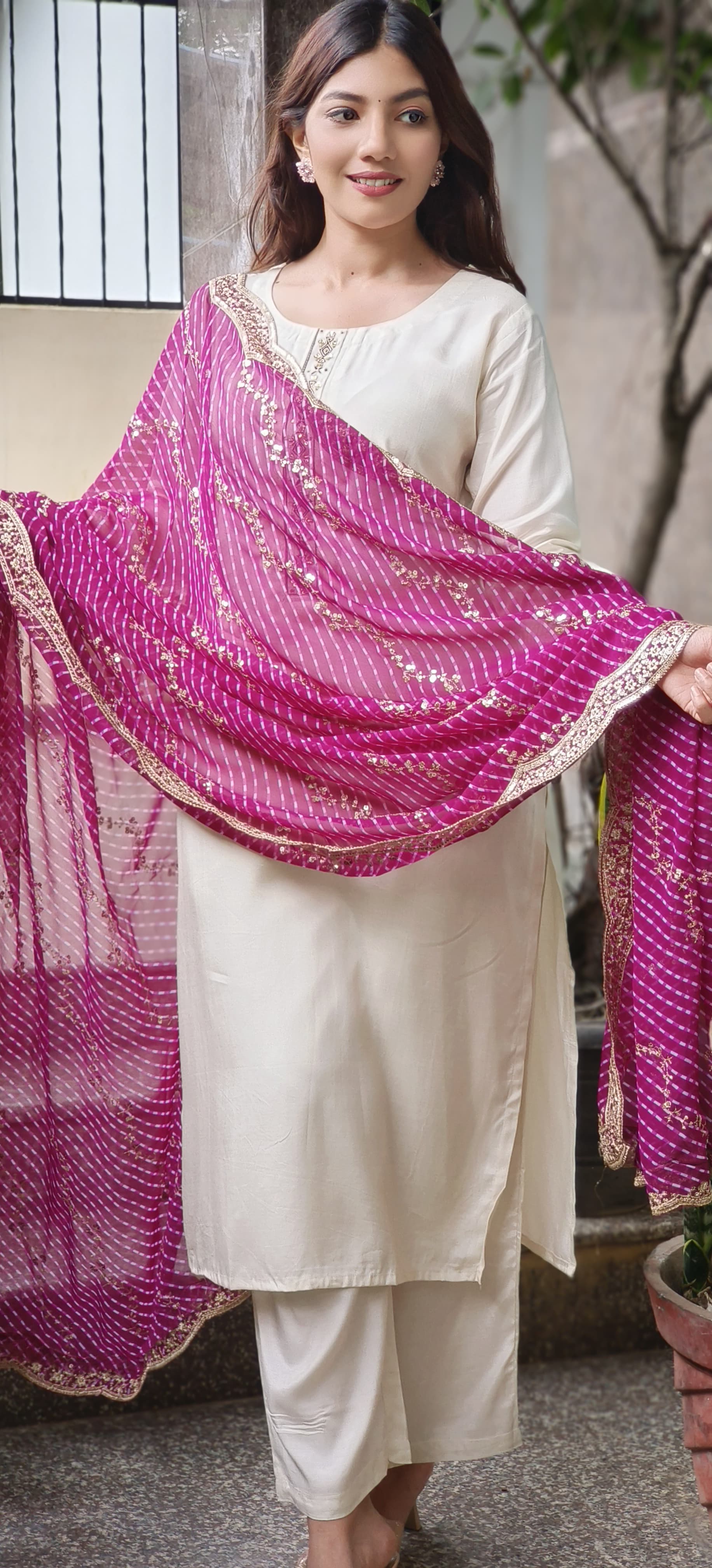Leheriya Dupatta with Zari Embroidered Border & Sequin Detailing (Dupatta Only)