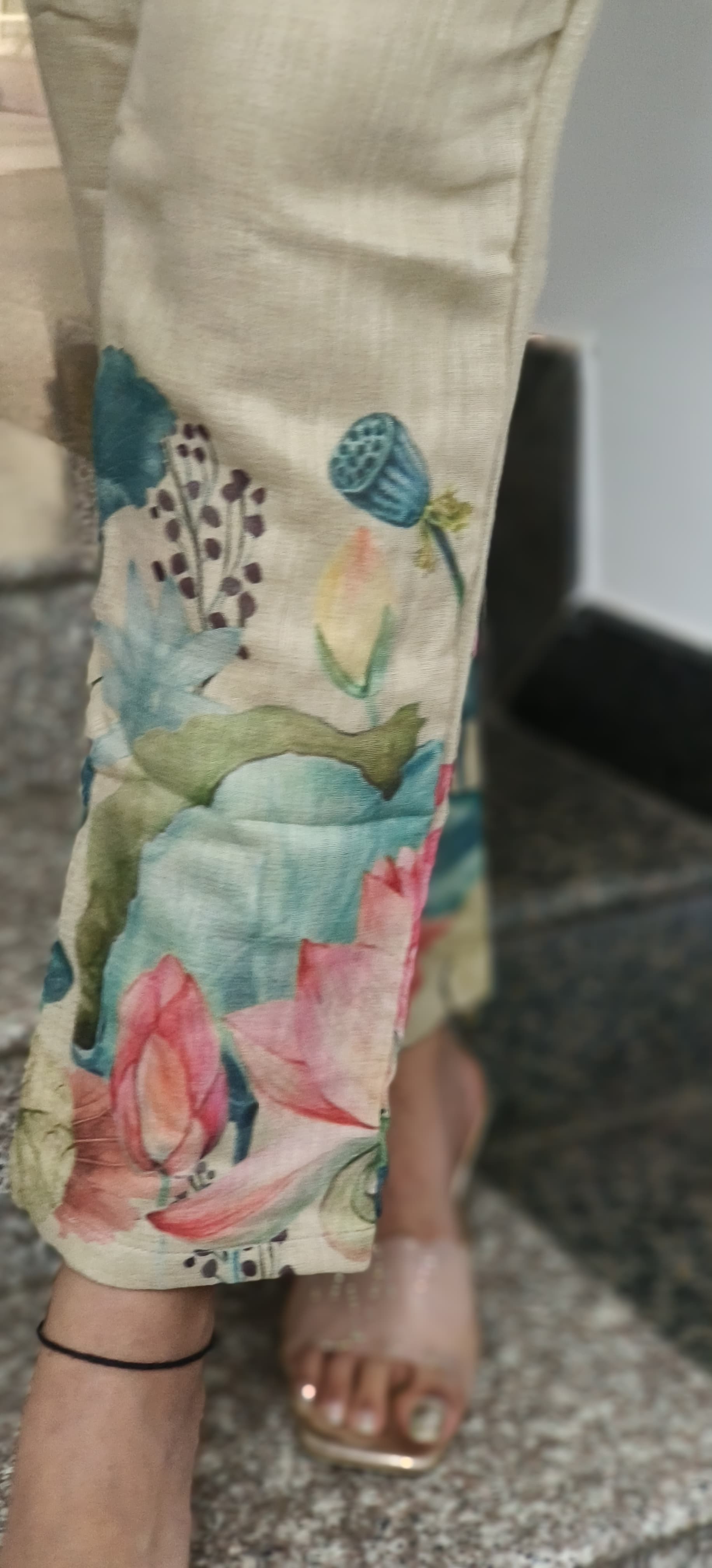 Jute Fabric Floral Print With Katha Work Co-Ord Set