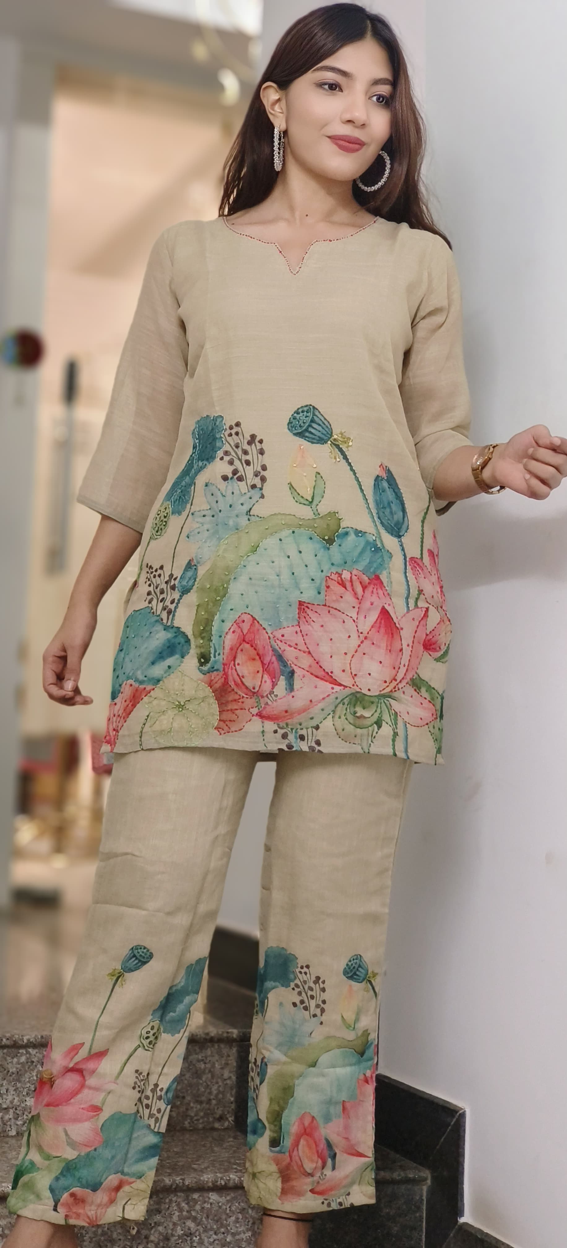Jute Fabric Floral Print With Katha Work Co-Ord Set