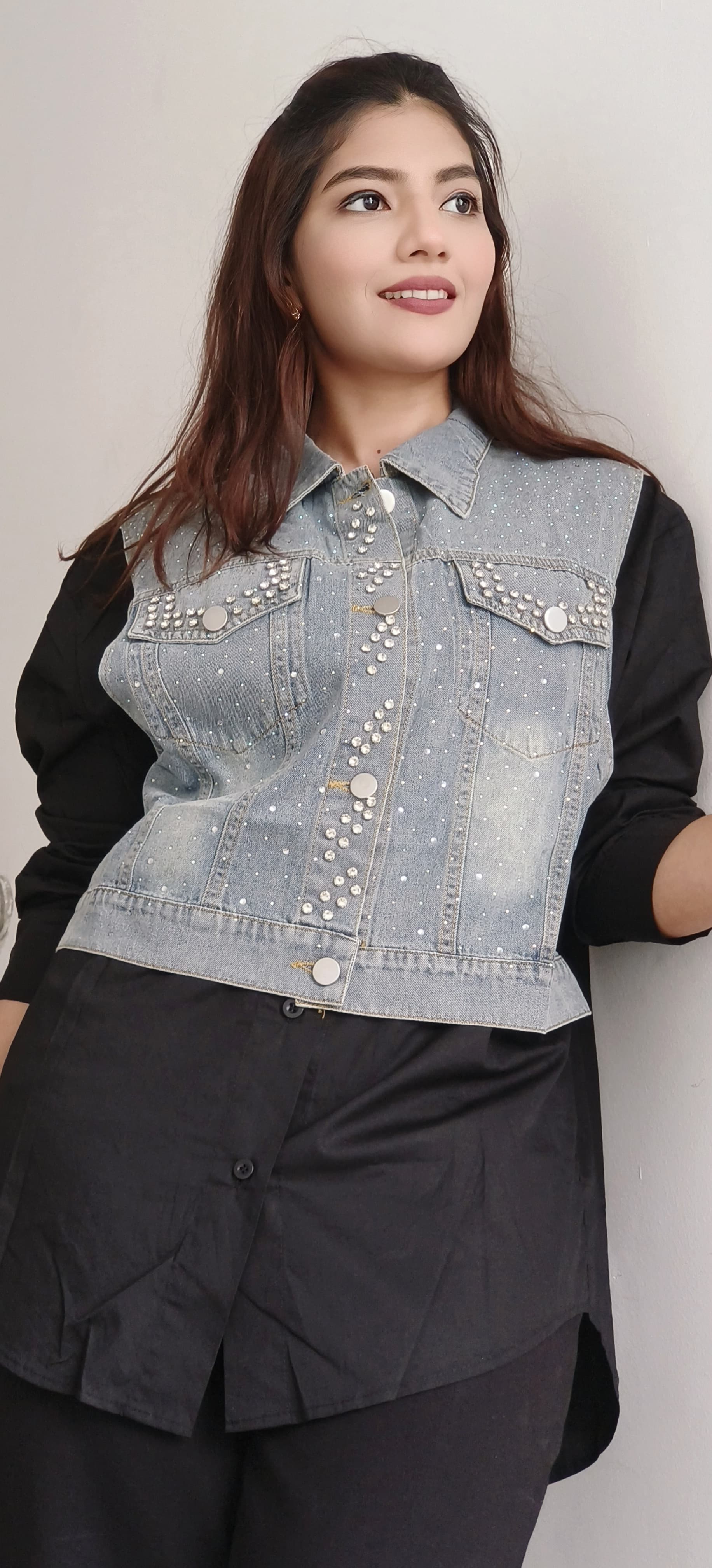 Stylish Denim-Contrast Studded Shirt With Stones
