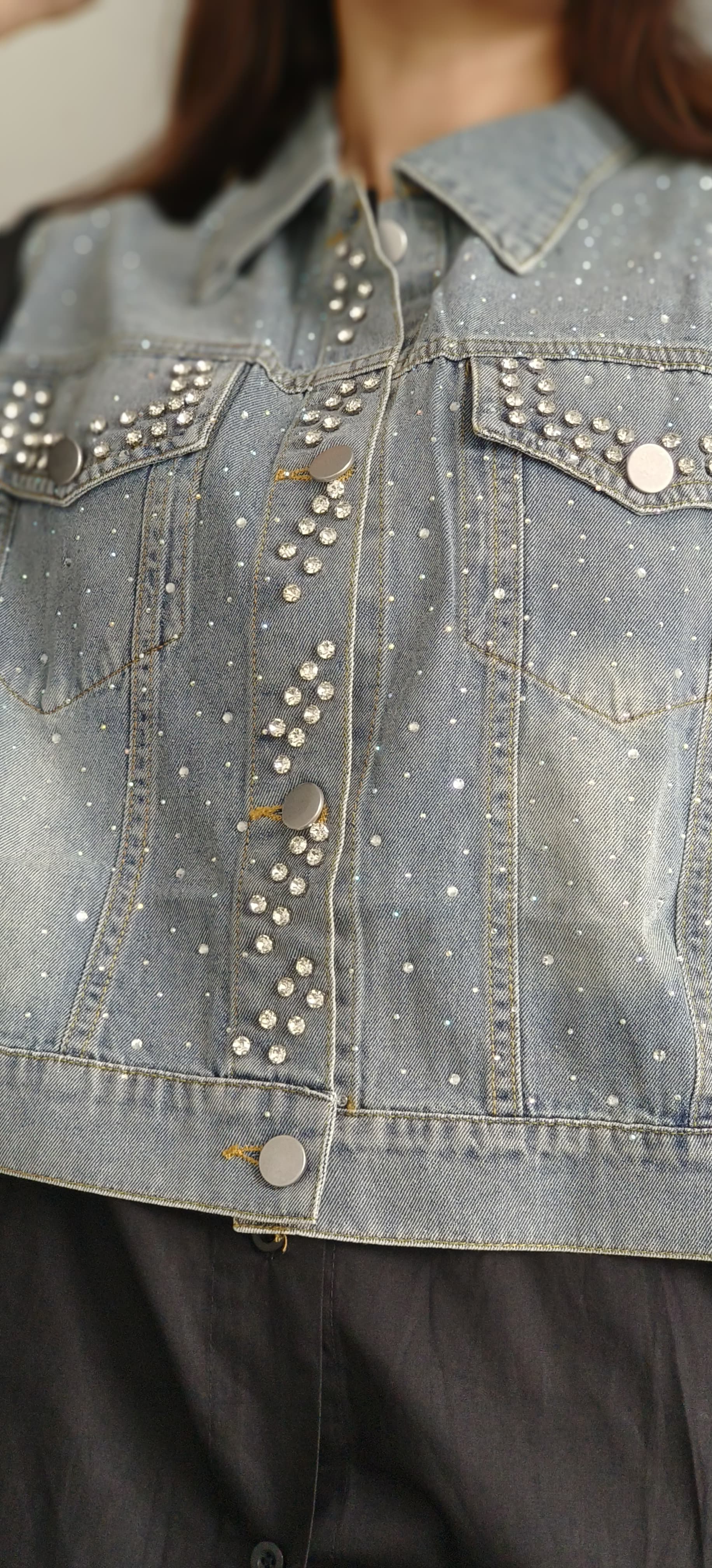 Stylish Denim-Contrast Studded Shirt With Stones