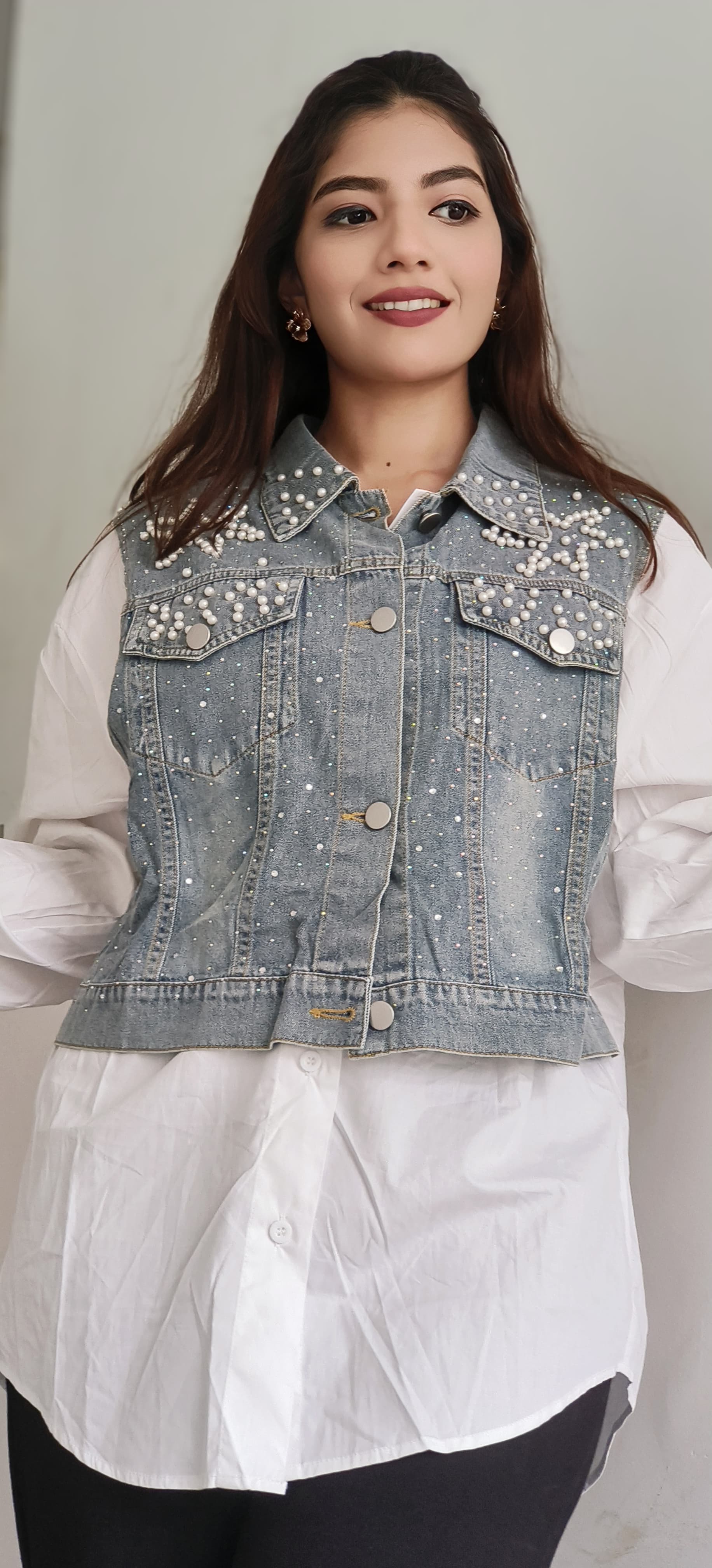 Pearl Star With Stone Denim Shirt