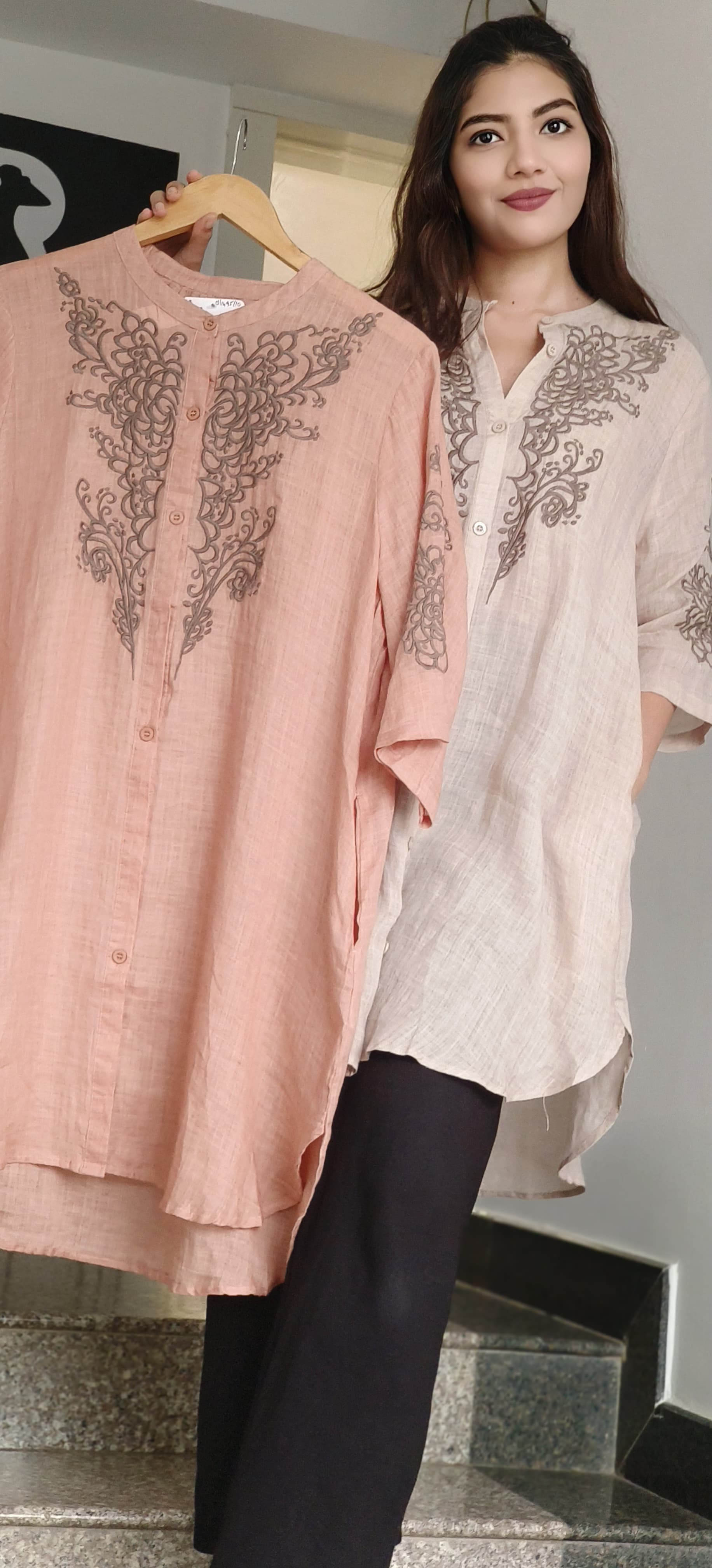 Pure Linen Embroidered Mandarin Collar Casual Shirt