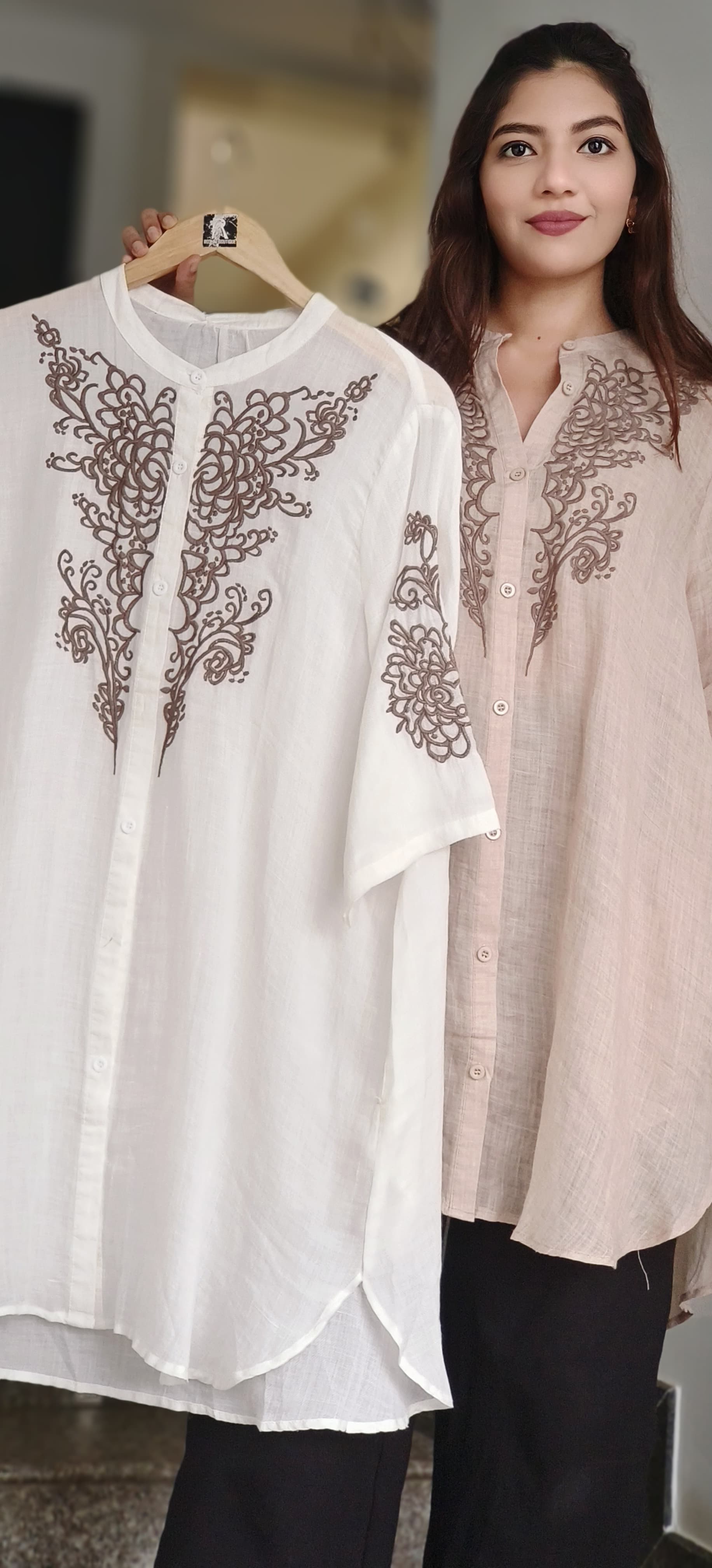 Pure Linen Embroidered Mandarin Collar Casual Shirt
