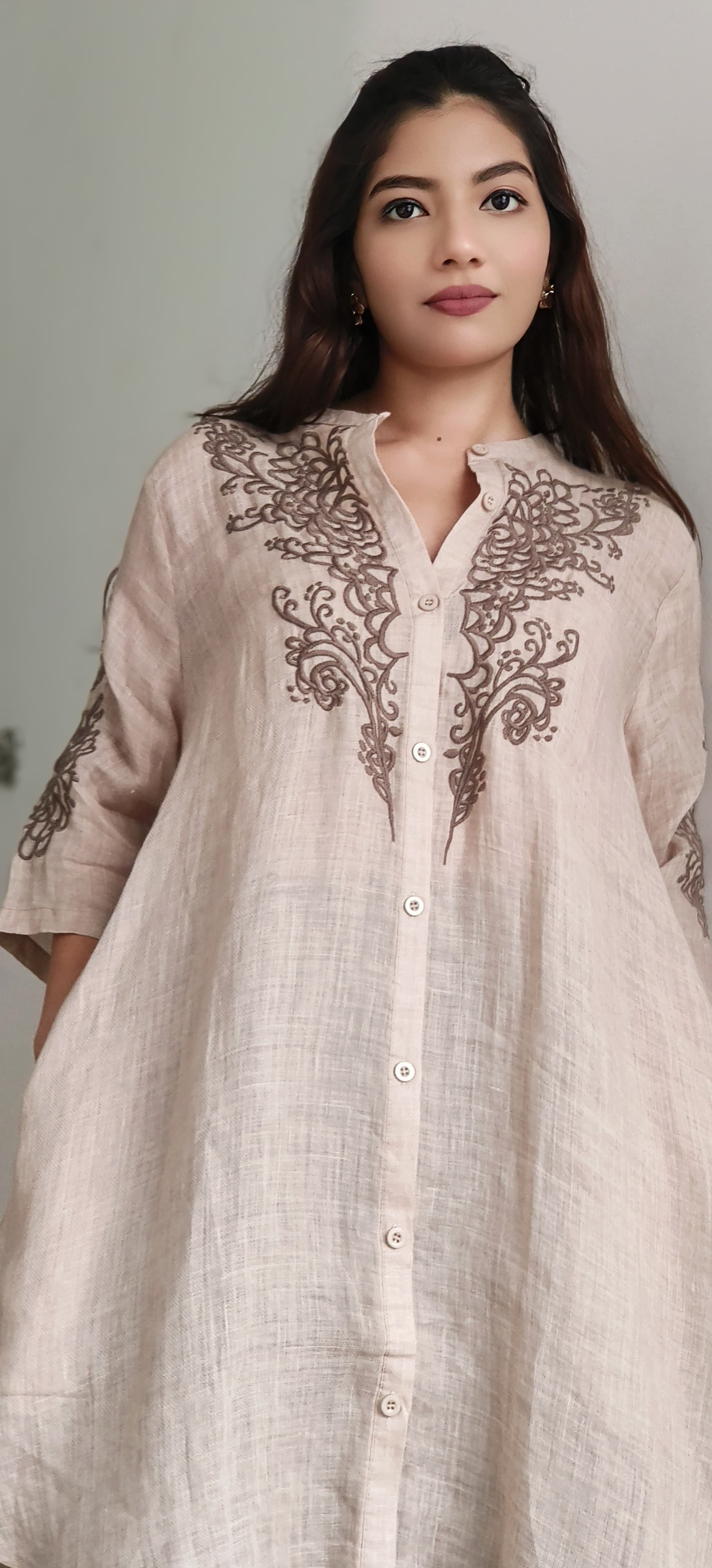 Pure Linen Embroidered Mandarin Collar Casual Shirt