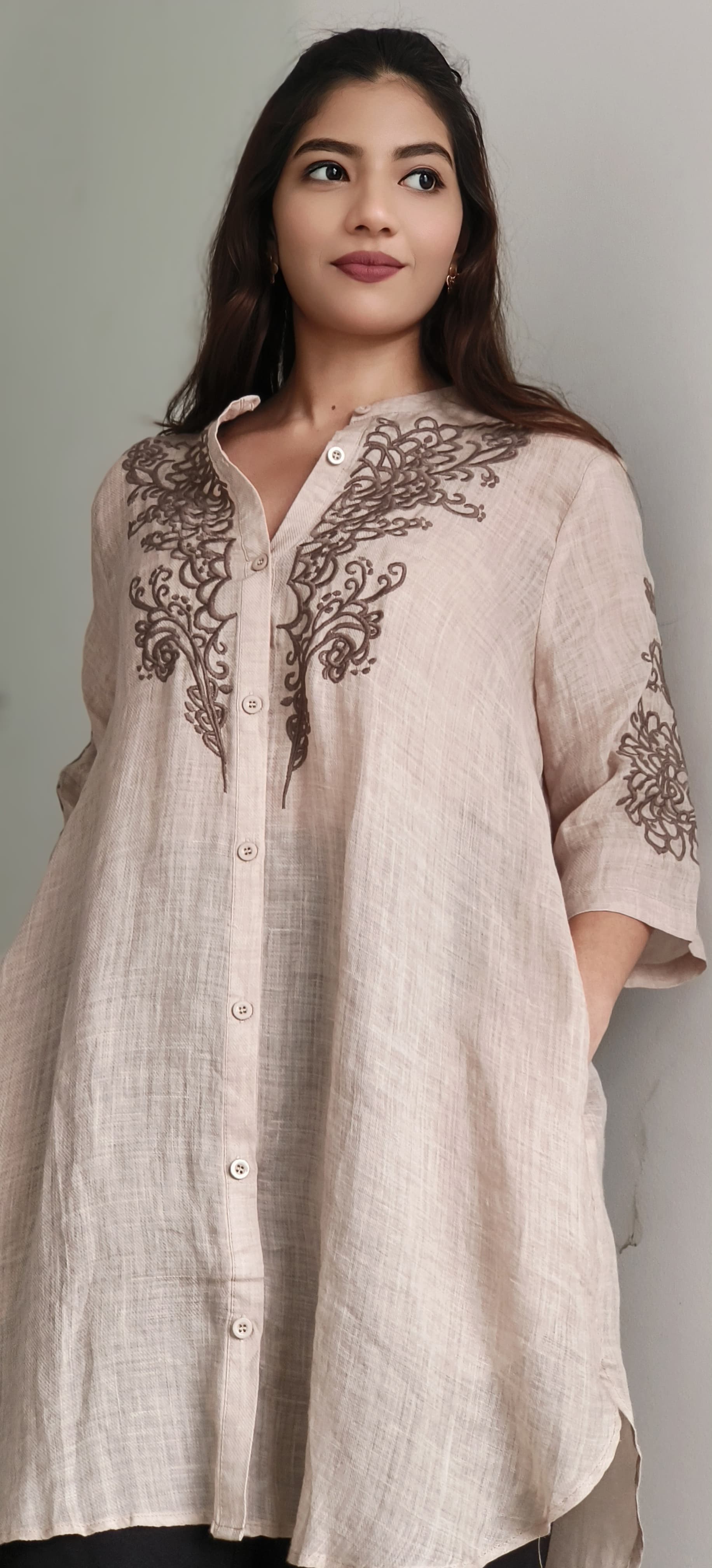 Pure Linen Embroidered Mandarin Collar Casual Shirt