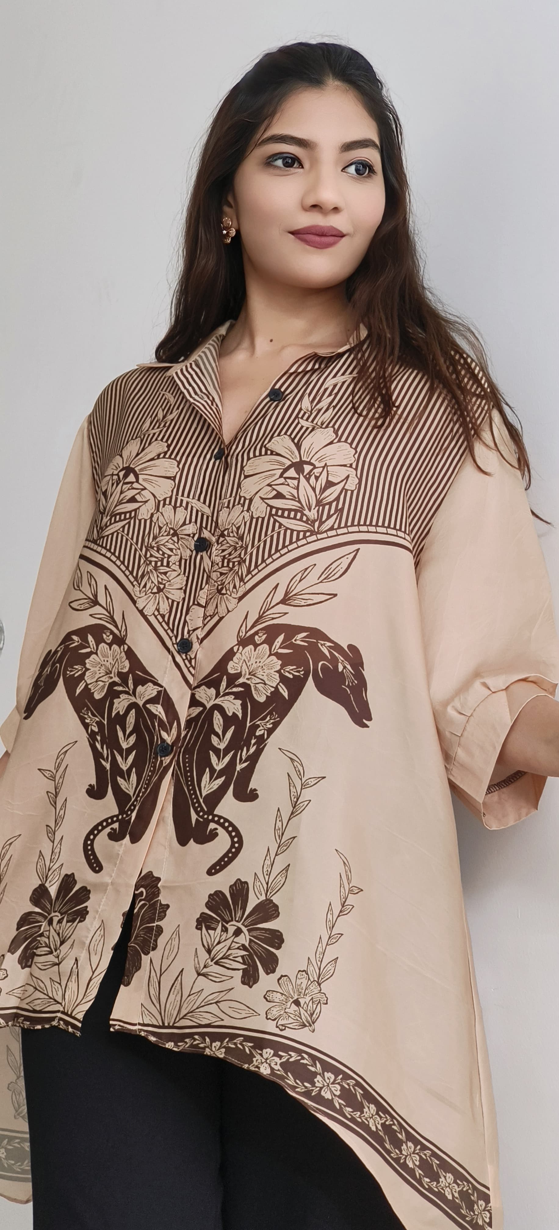 Color Mix Different Prints Collared Casual Long Shirt- 10544