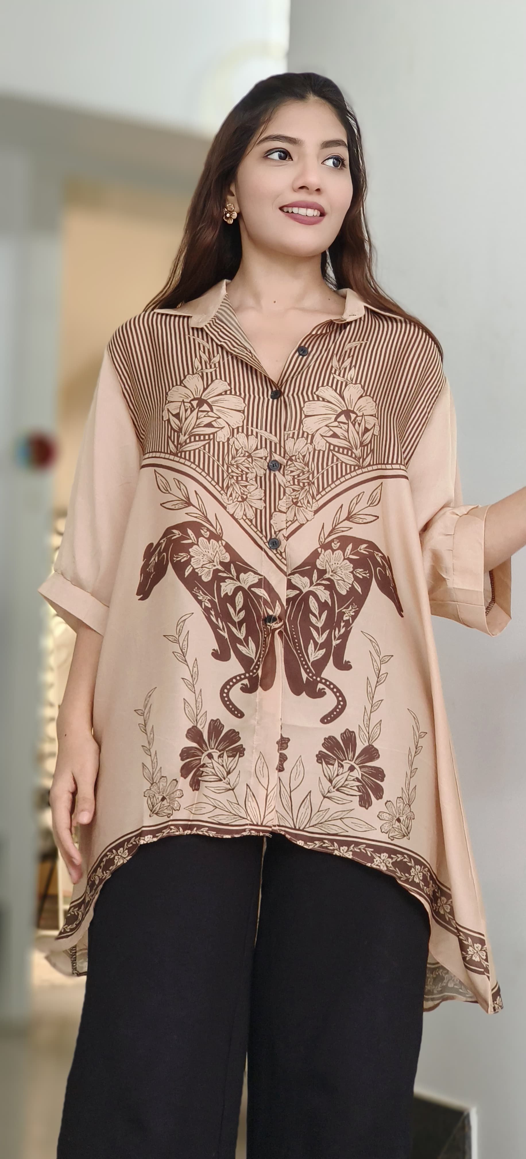Color Mix Different Prints Collared Casual Long Shirt- 10544