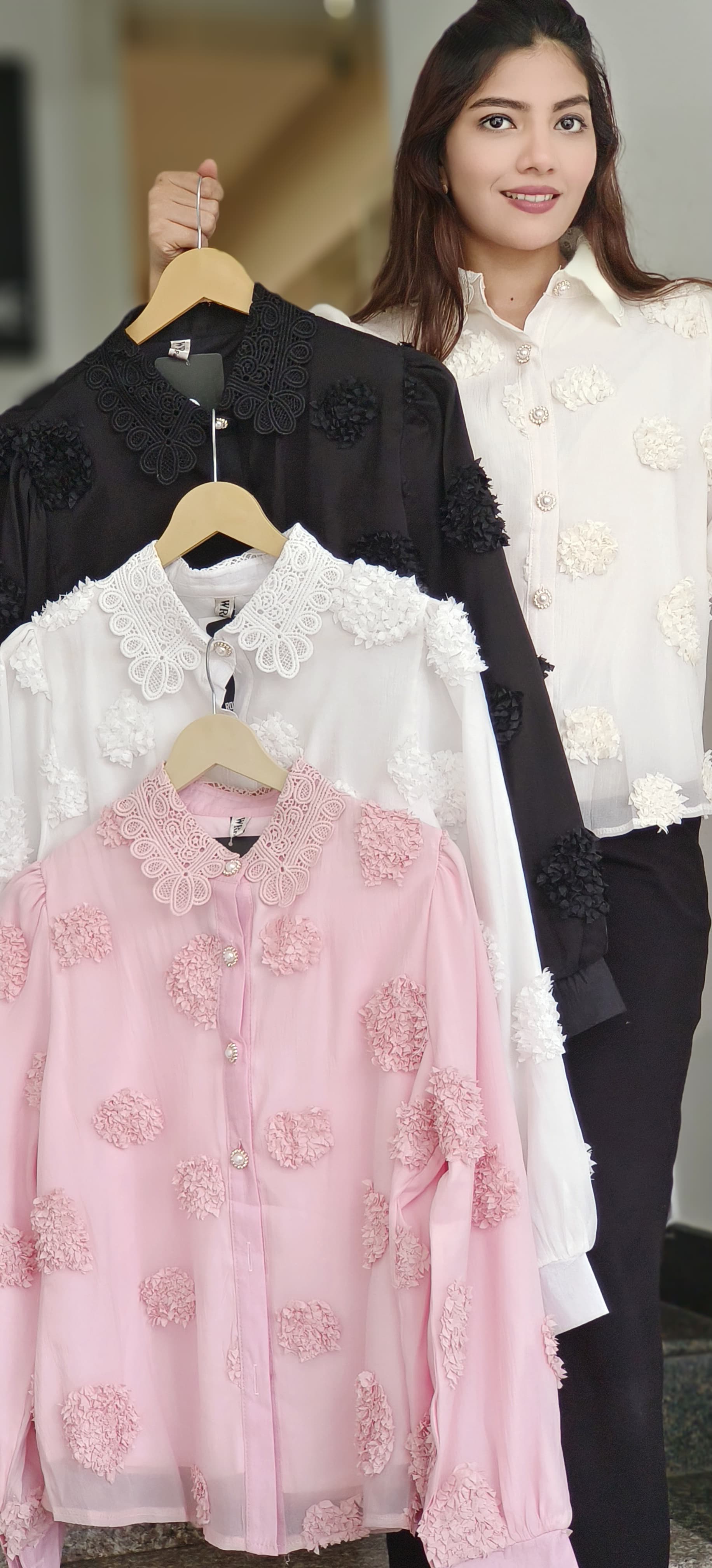 Popped Flower Lace Elegance Shirt With Pearl Button