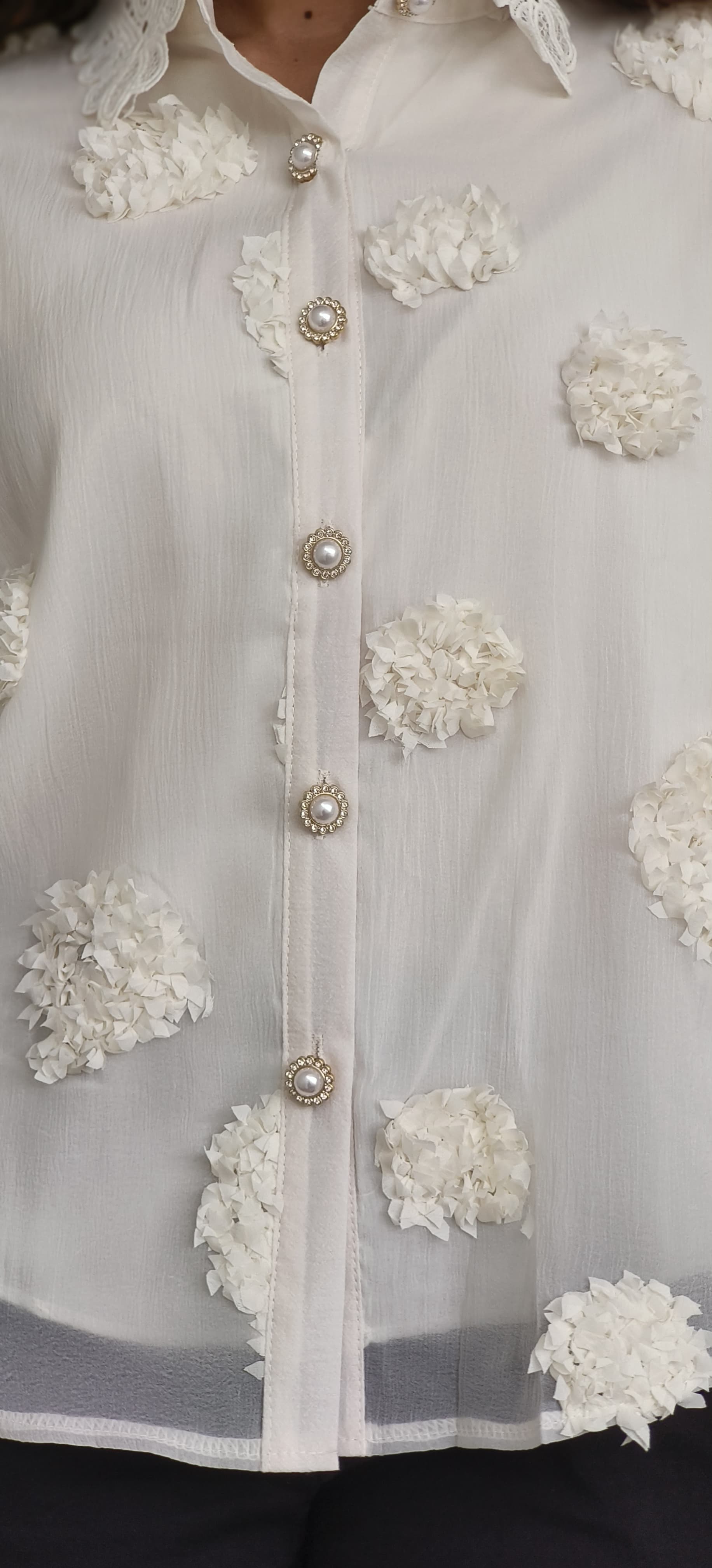 Popped Flower Lace Elegance Shirt With Pearl Button