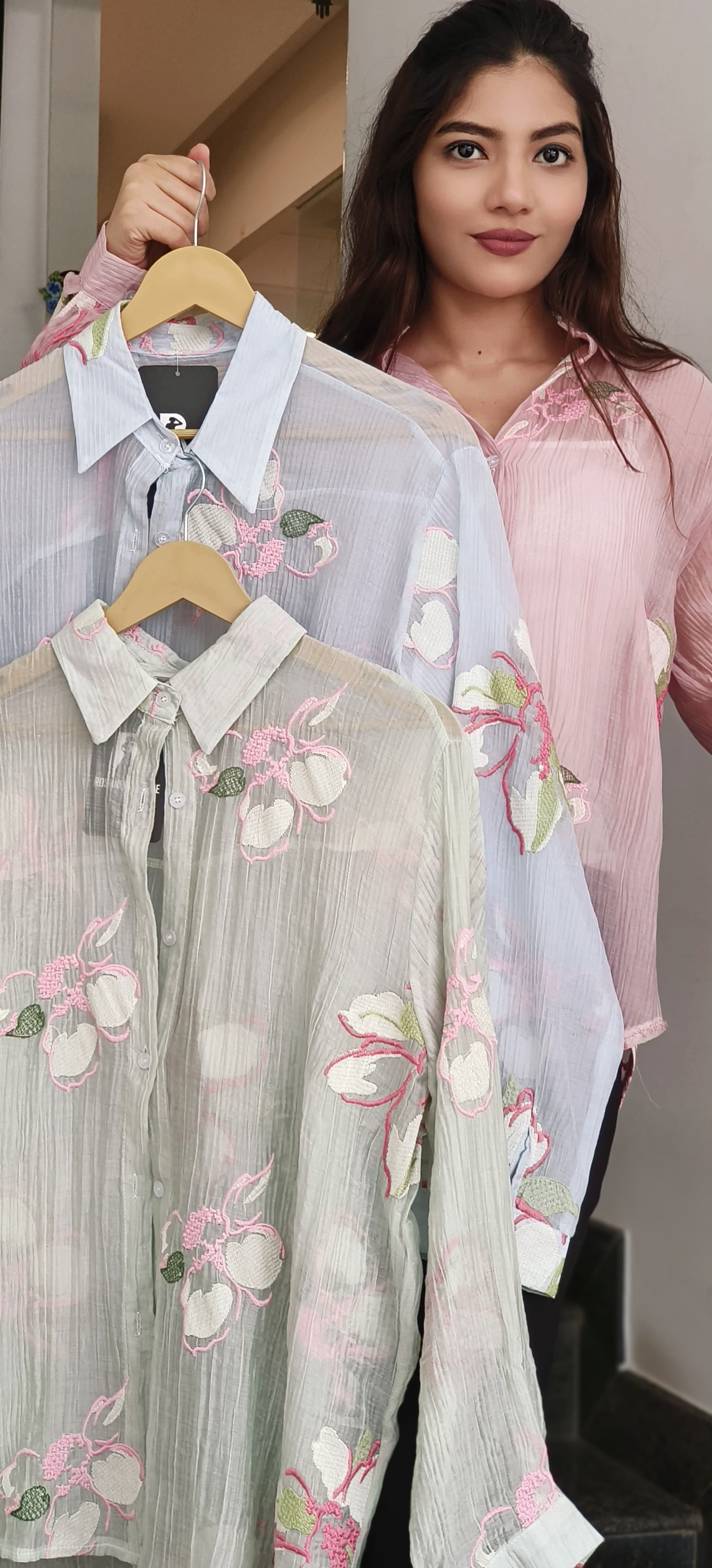 Pastel Glance Floral Embroidery Casual Shirt