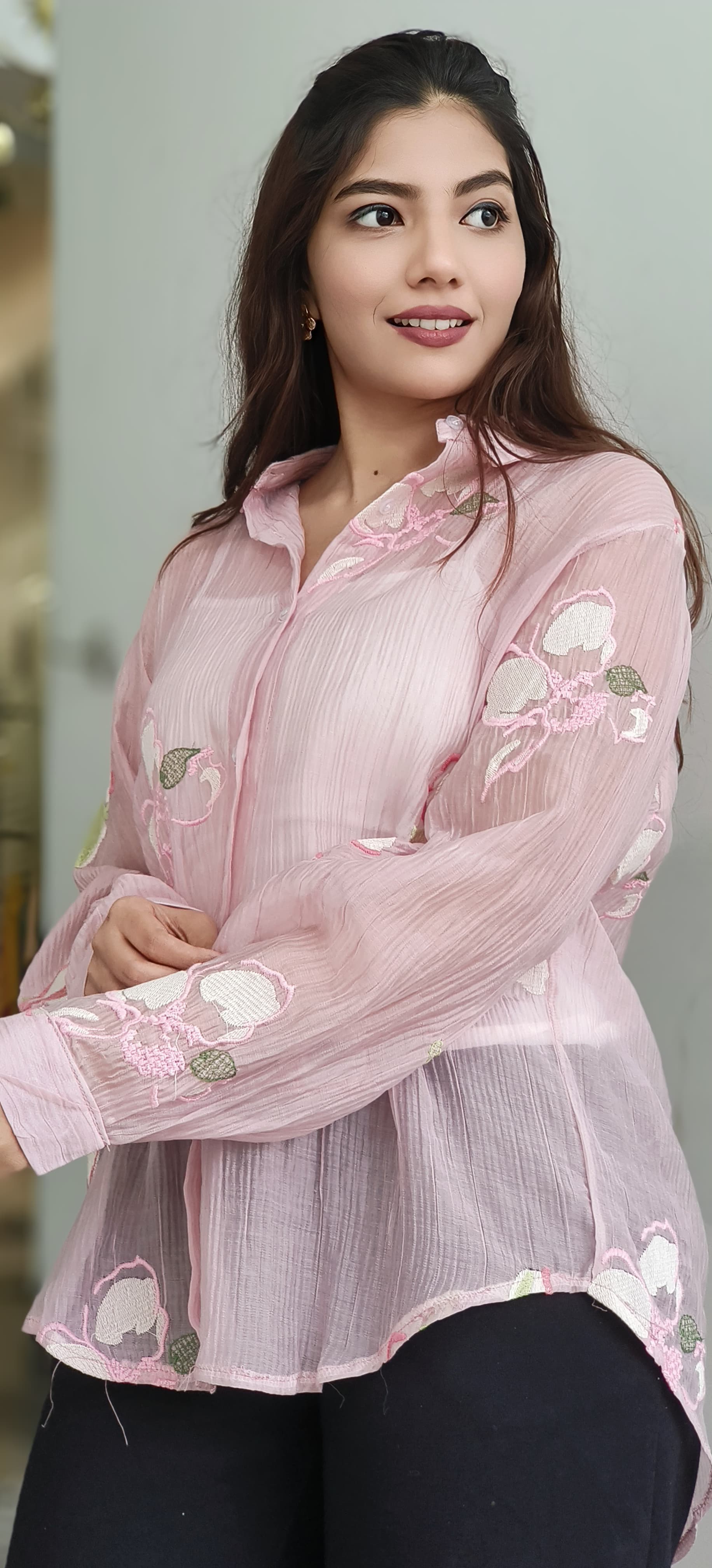 Pastel Glance Floral Embroidery Casual Shirt