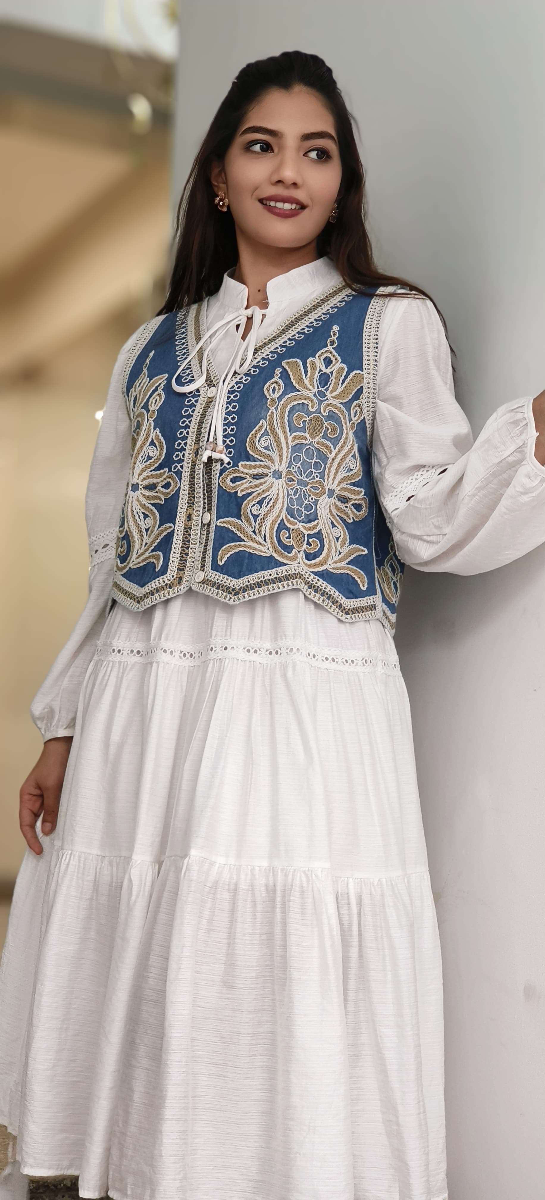 Boho Embroidered Work Denim Look Jacket Dress