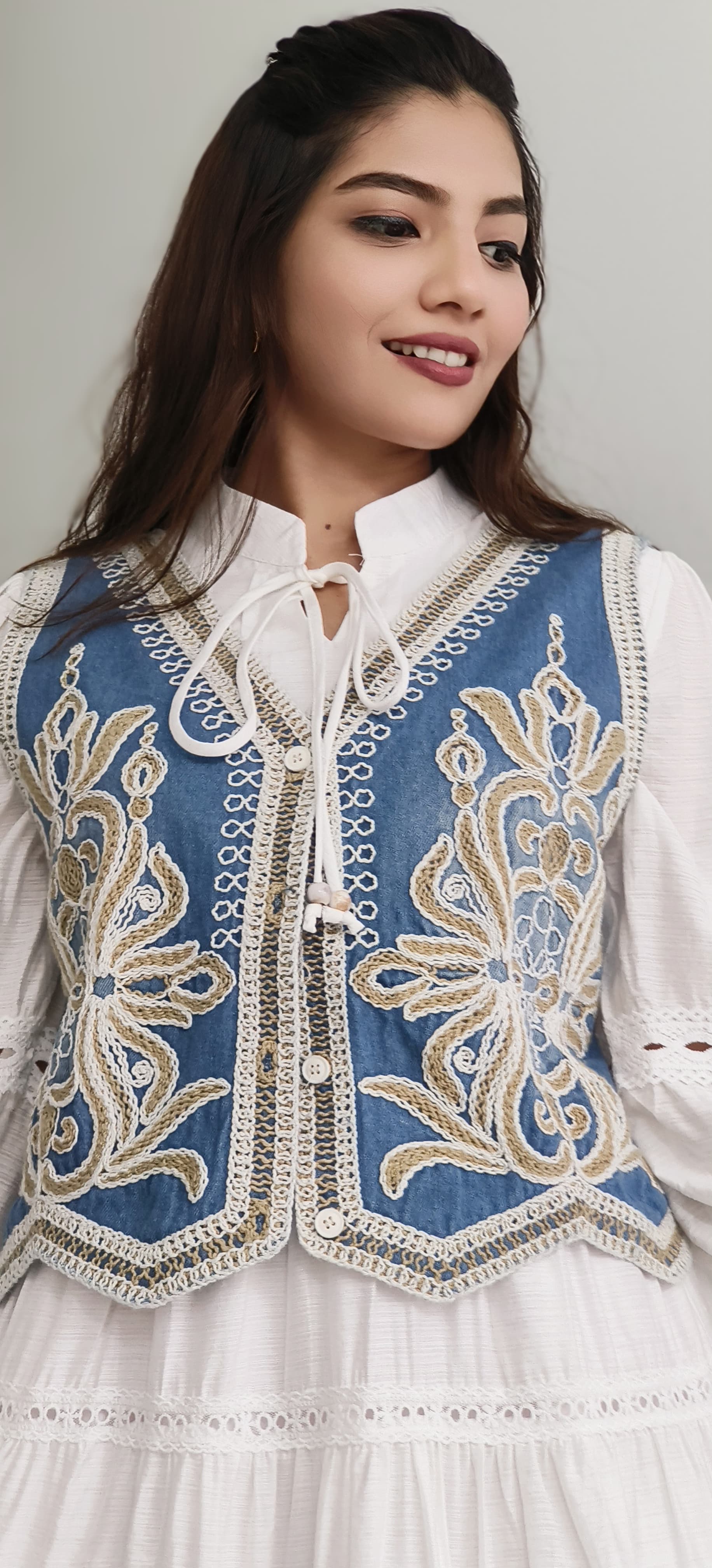 Boho Embroidered Work Denim Look Jacket Dress