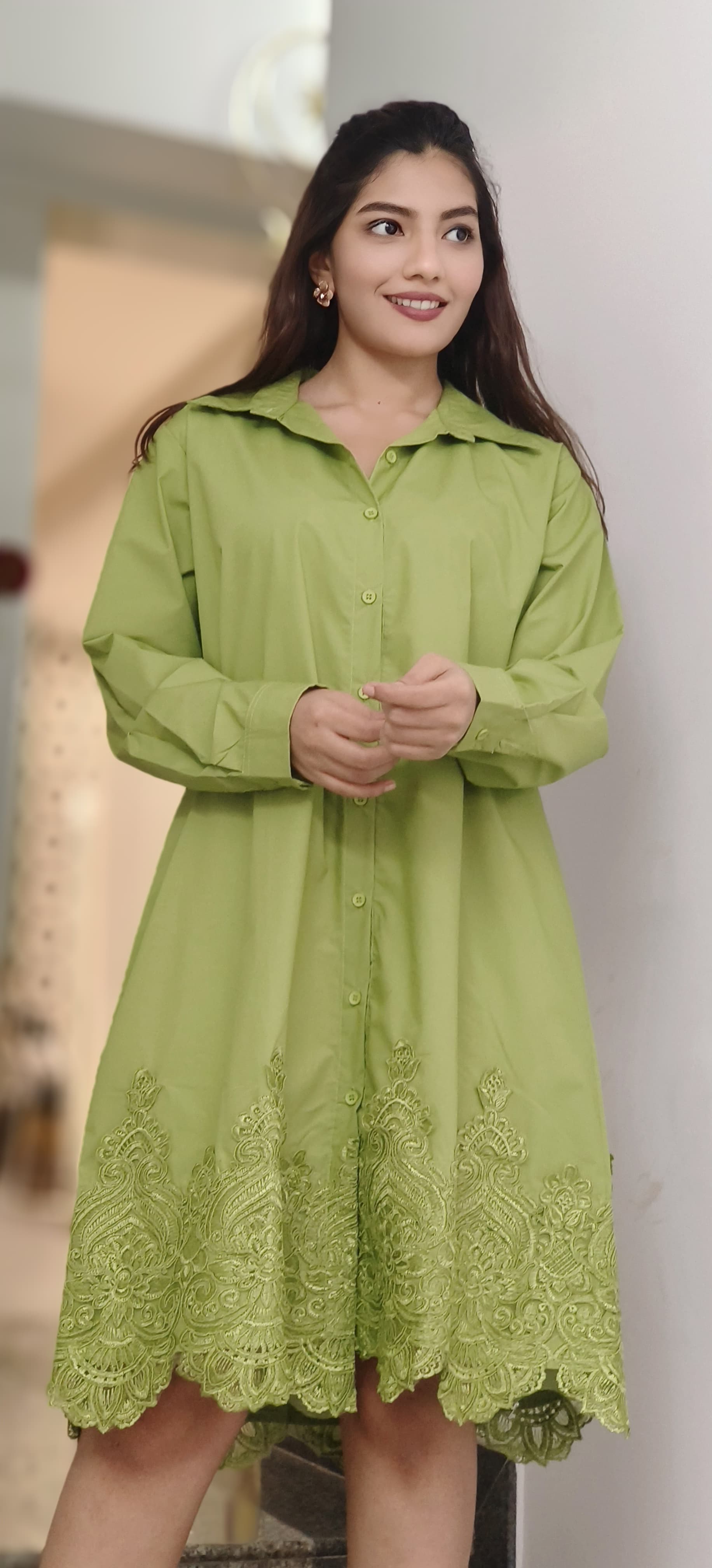 Graceful Olive Collared Shirt Look Dress