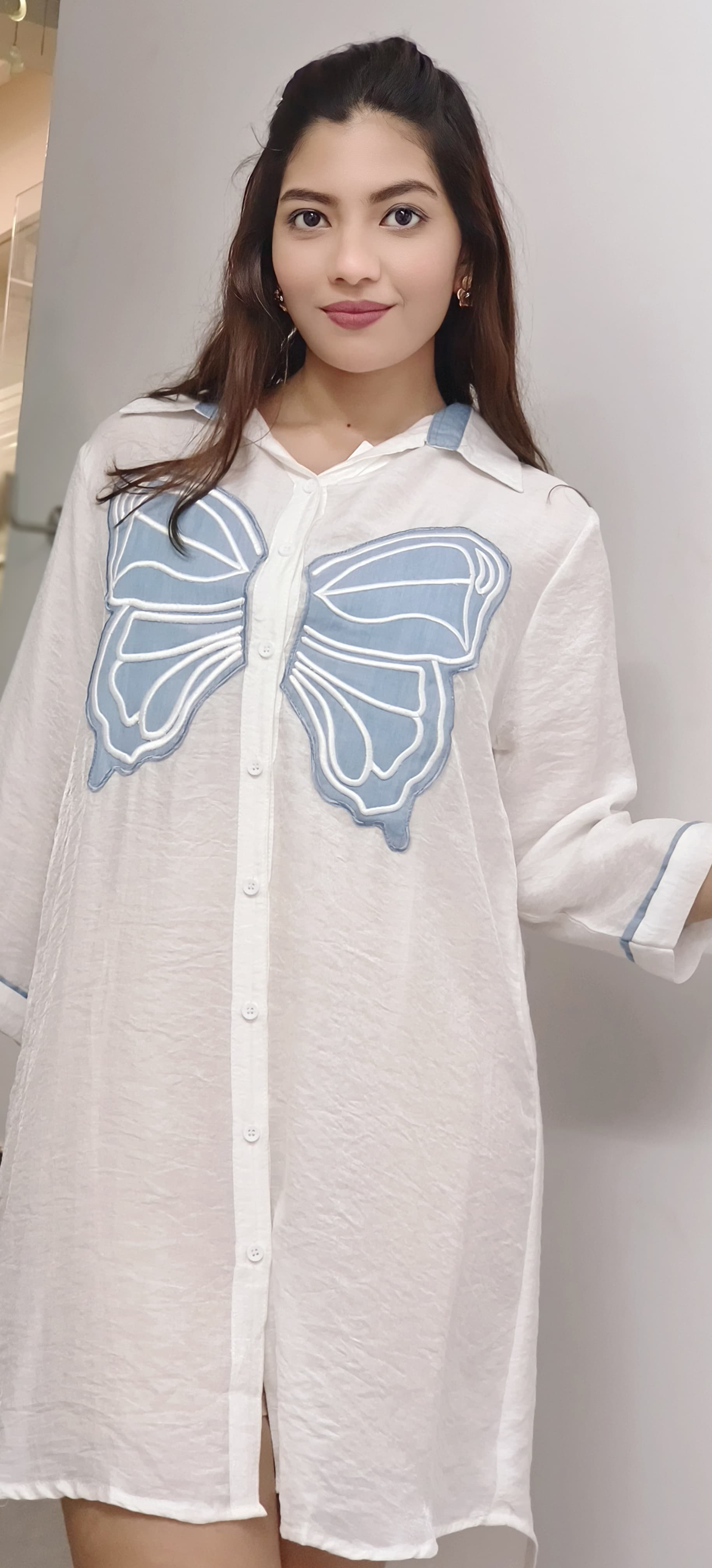 Butterfly Outline Embroidery Collared Shirt