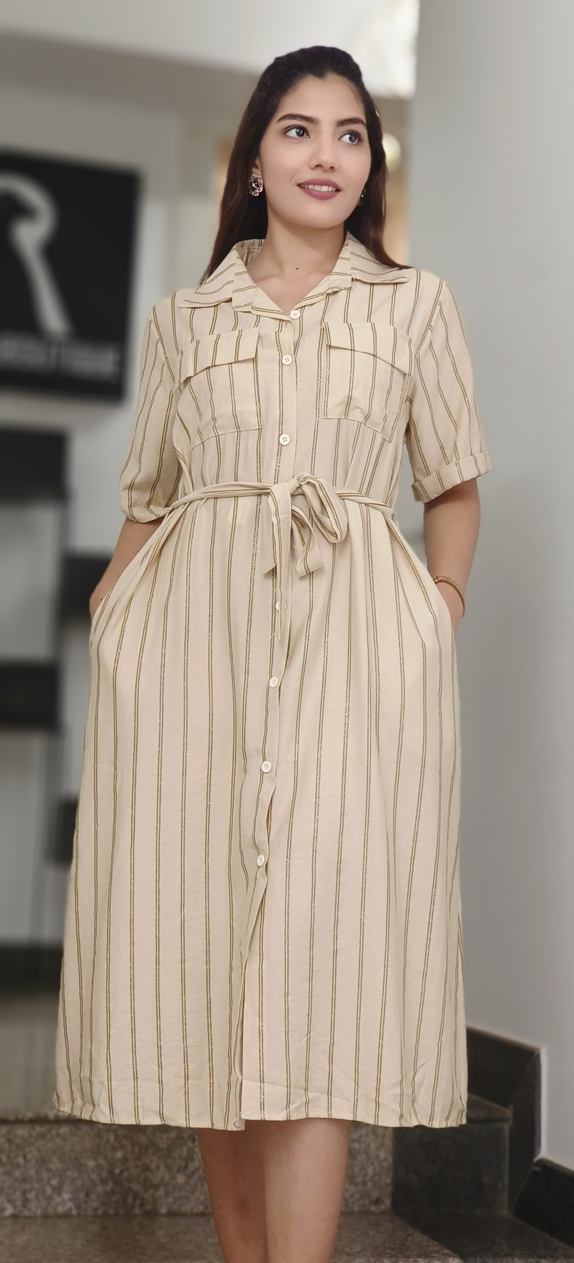 Light Shimmer Striped Collared Shirt Dress With Belt