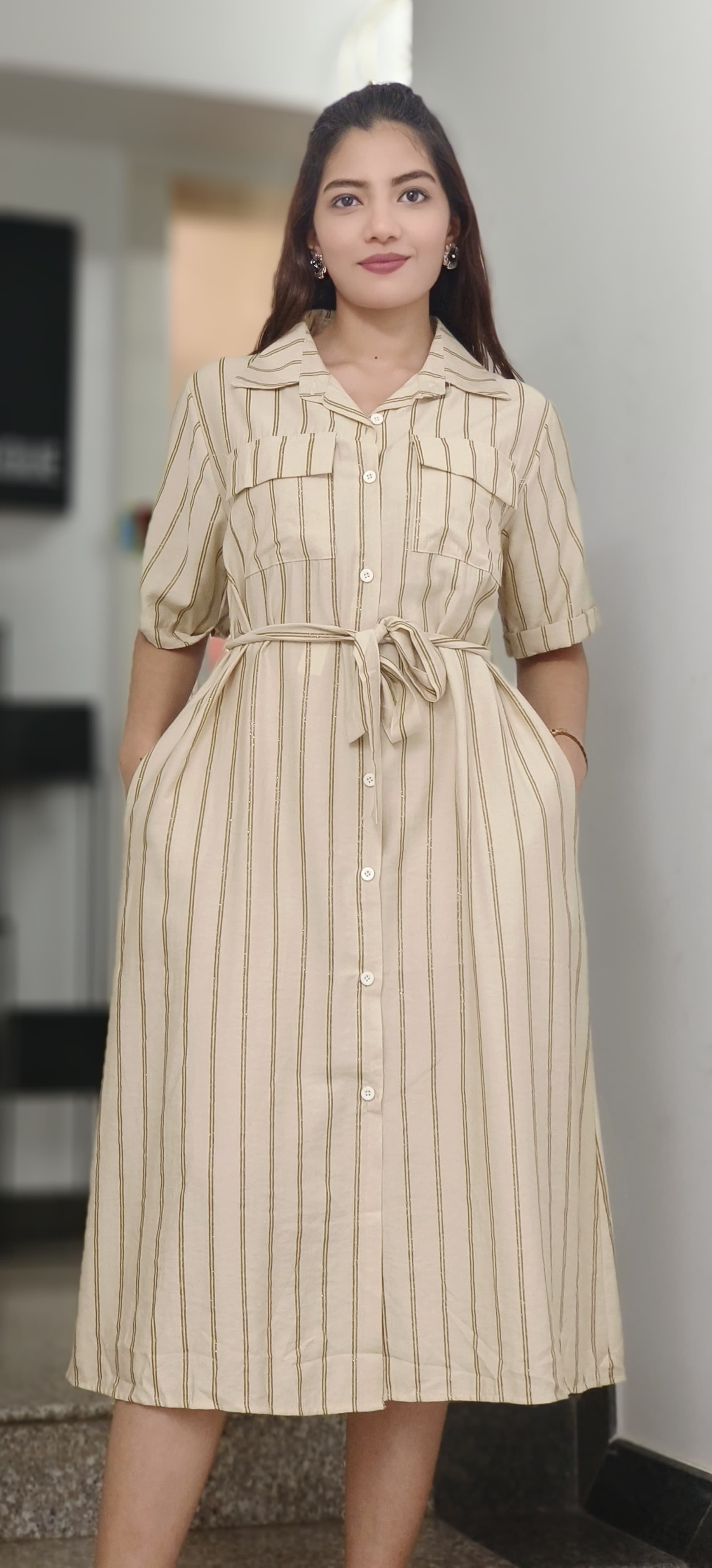 Light Shimmer Striped Collared Shirt Dress With Belt