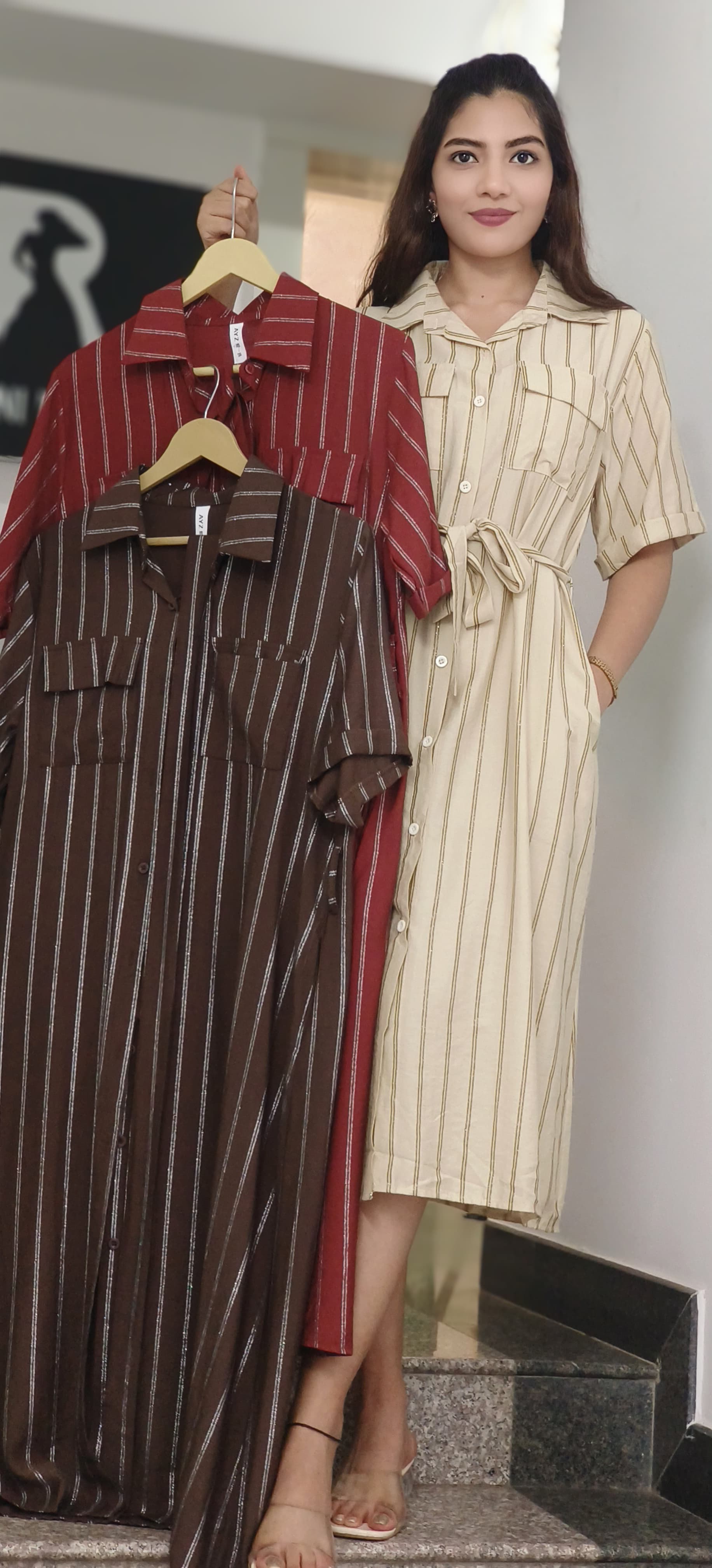 Light Shimmer Striped Collared Shirt Dress With Belt