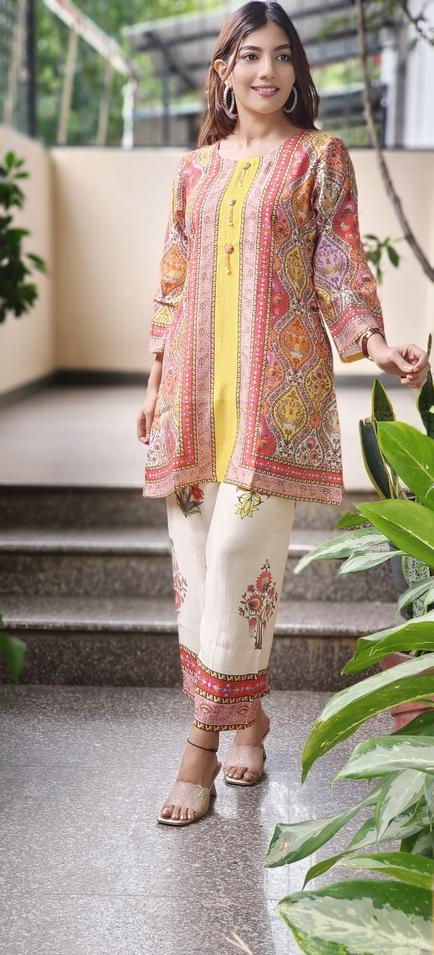 Multicolored Cultural Print Co-Ord Set In German Rayon Fabric