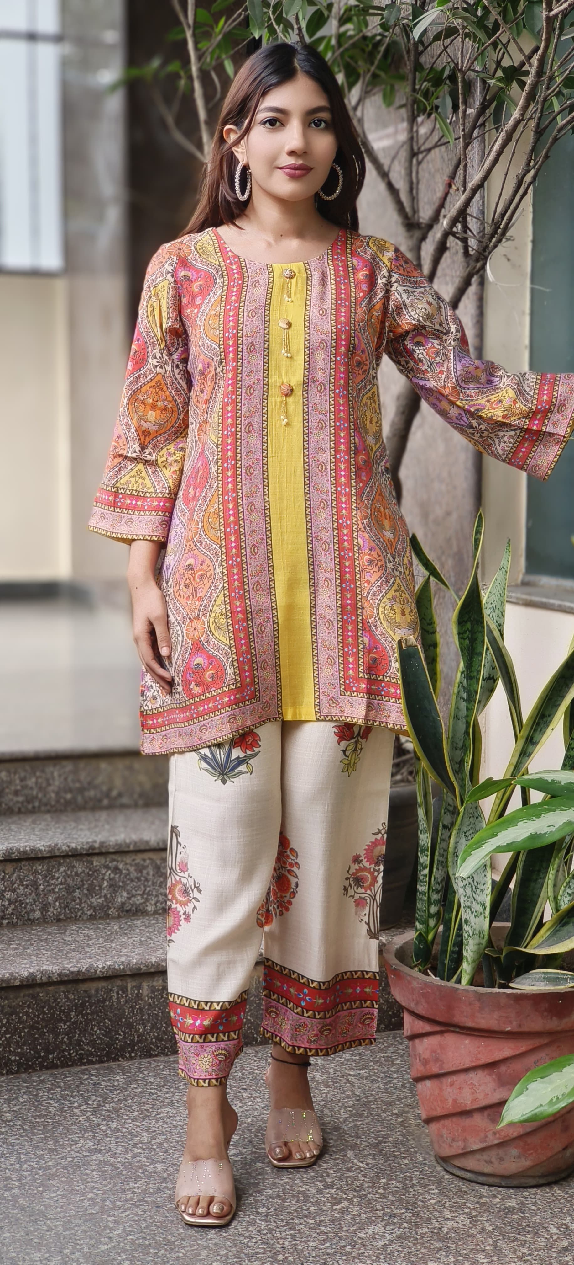 Multicolored Cultural Print Co-Ord Set In German Rayon Fabric