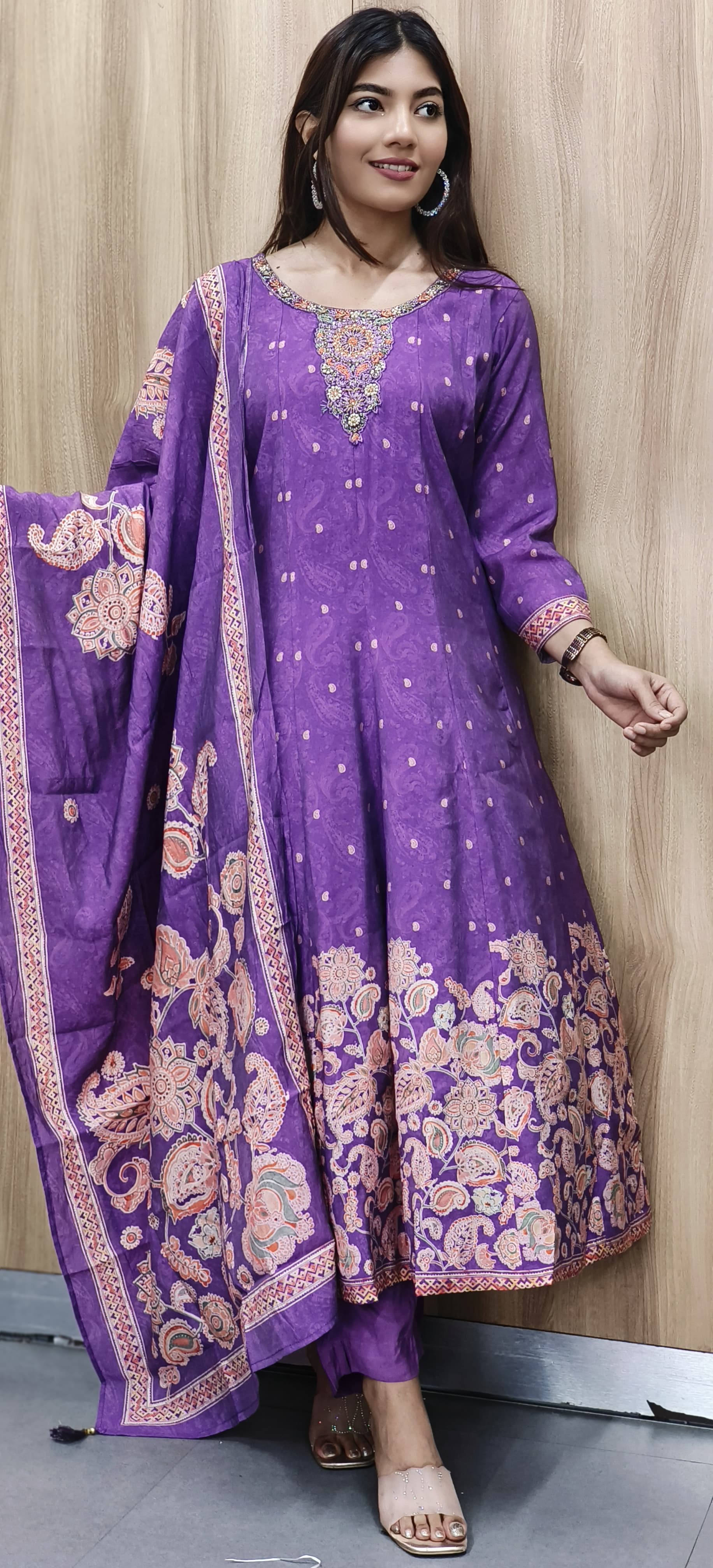 Full Handwork Sober Panel Anarkali Full Set In Muslin Fabric