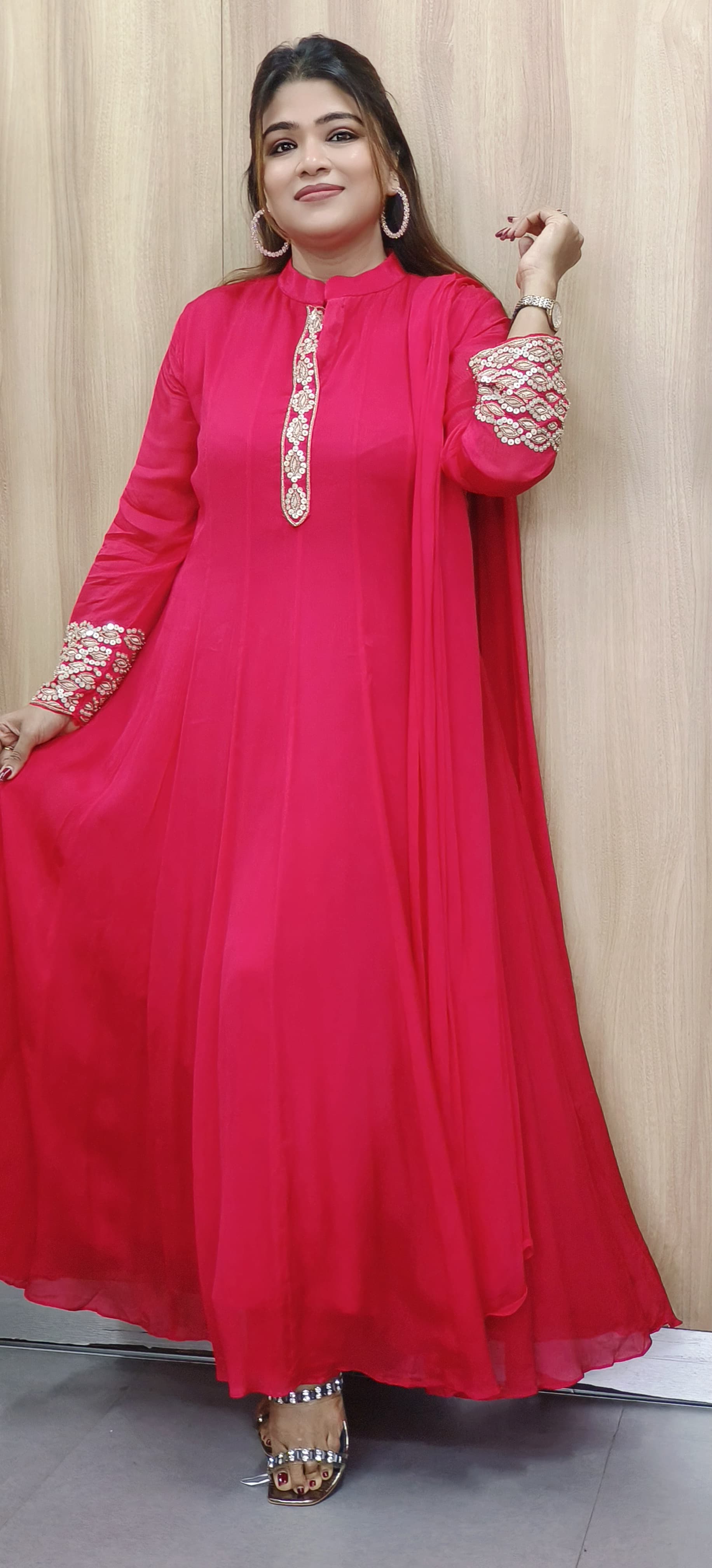 Minimal Lined Work Panel Anarkali Full Suit Set With Dupatta In Chinon Fabric