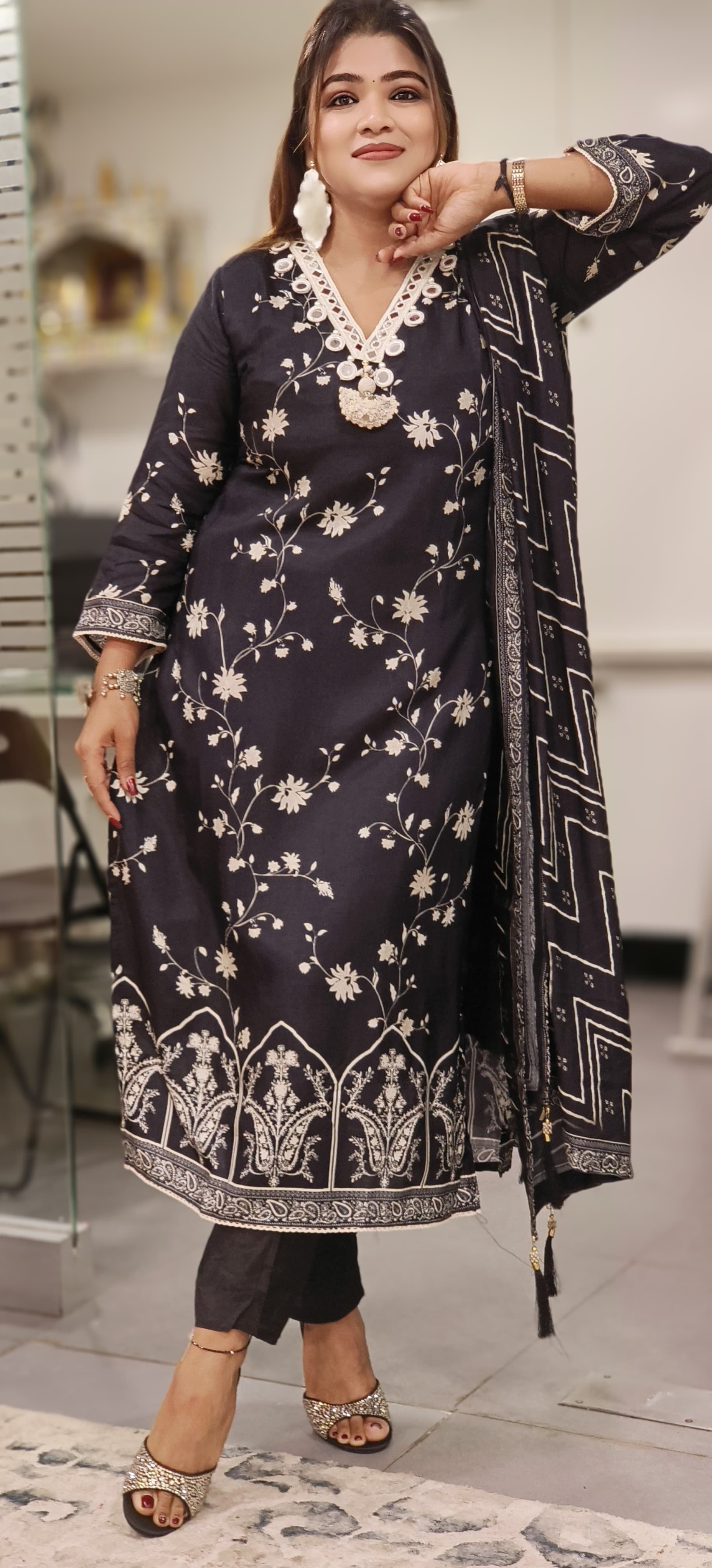Mirror Work In Neck With Floral Prints Full Suit Set With Dupatta In Dola Silk Fabric