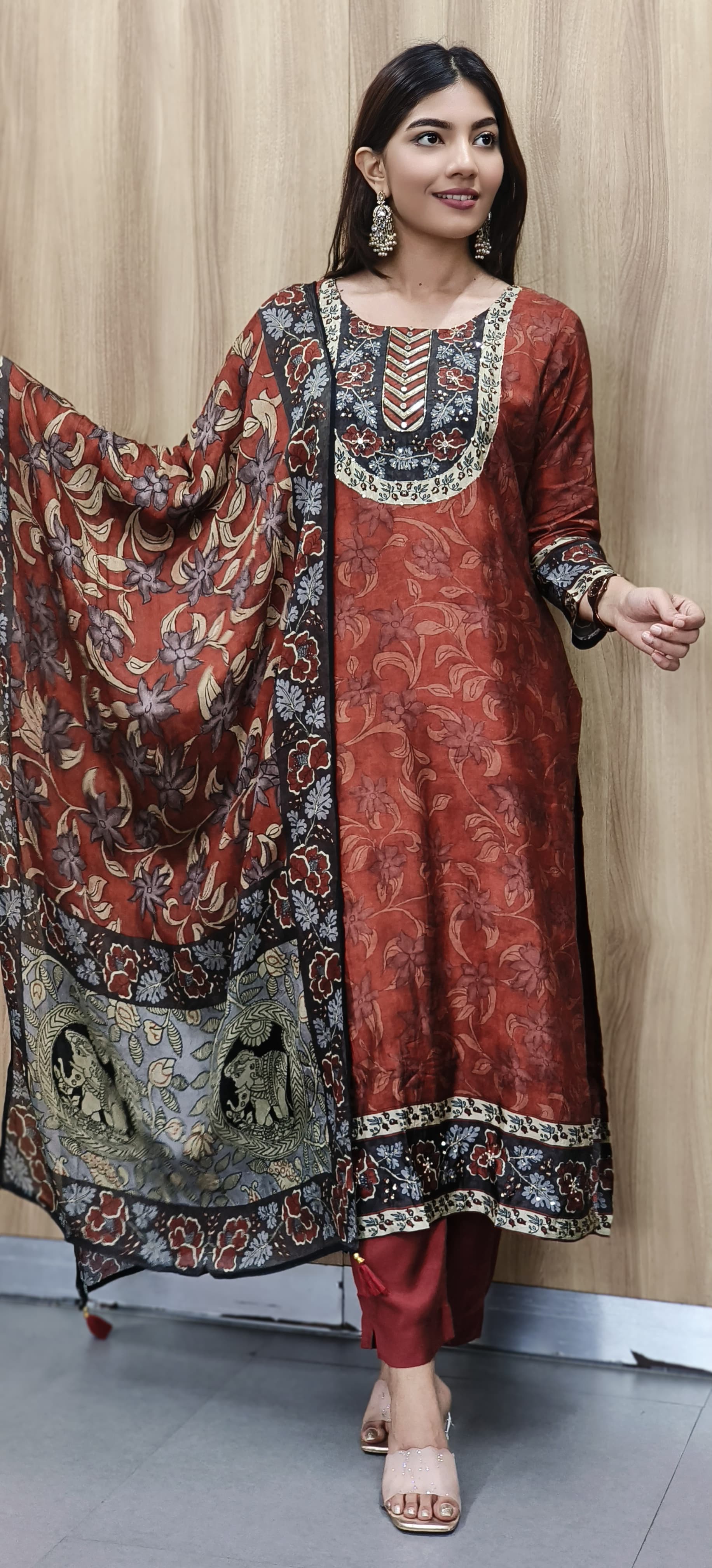 Graceful Rustic Animal Print Kalamkari Dola Silk Full Suit Set With Chinon Dupatta