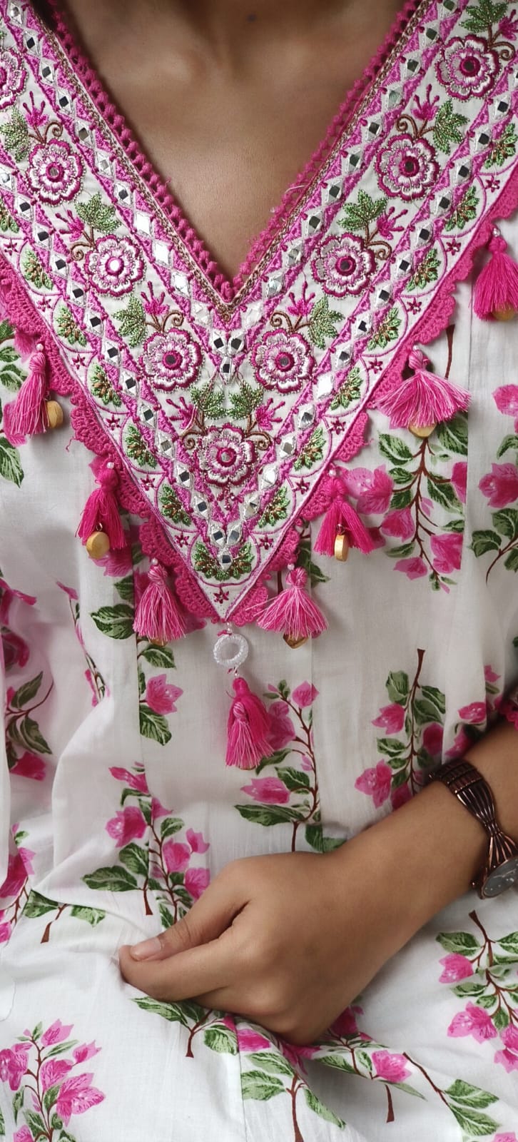 Beautiful V-Neck Embroidered Work Floral Anarkali Full Suit Dupatta In Cotton Fabric- 10458