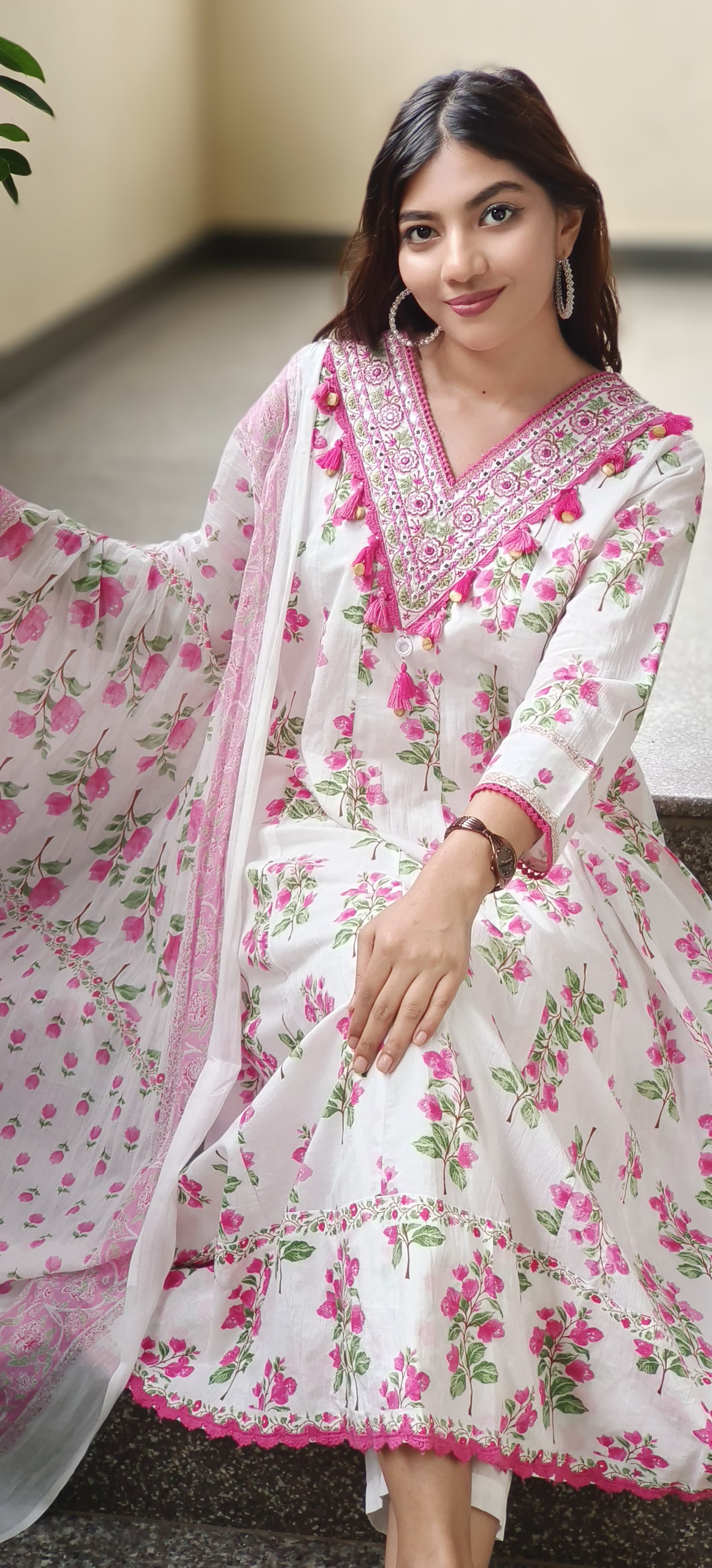 Beautiful V-Neck Embroidered Work Floral Anarkali Full Suit Dupatta In Cotton Fabric- 10458