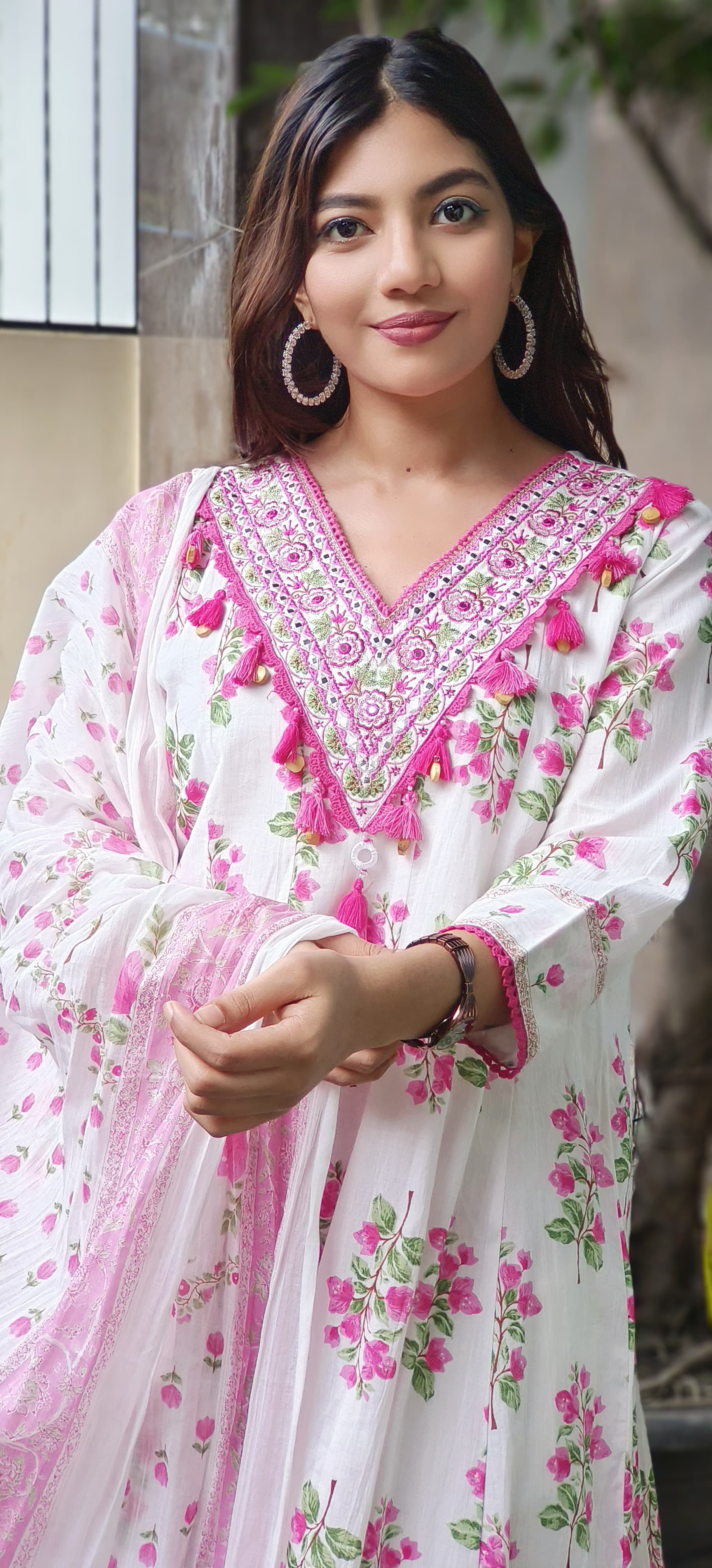 Beautiful V-Neck Embroidered Work Floral Anarkali Full Suit Dupatta In Cotton Fabric- 10458