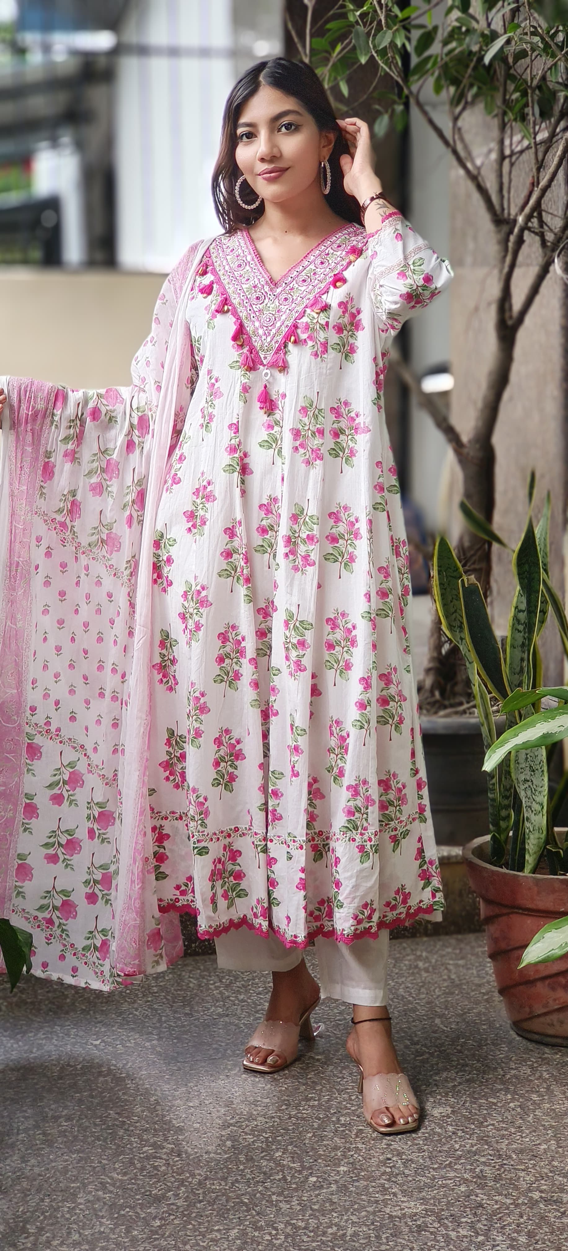 Beautiful V-Neck Embroidered Work Floral Anarkali Full Suit Dupatta In Cotton Fabric- 10458