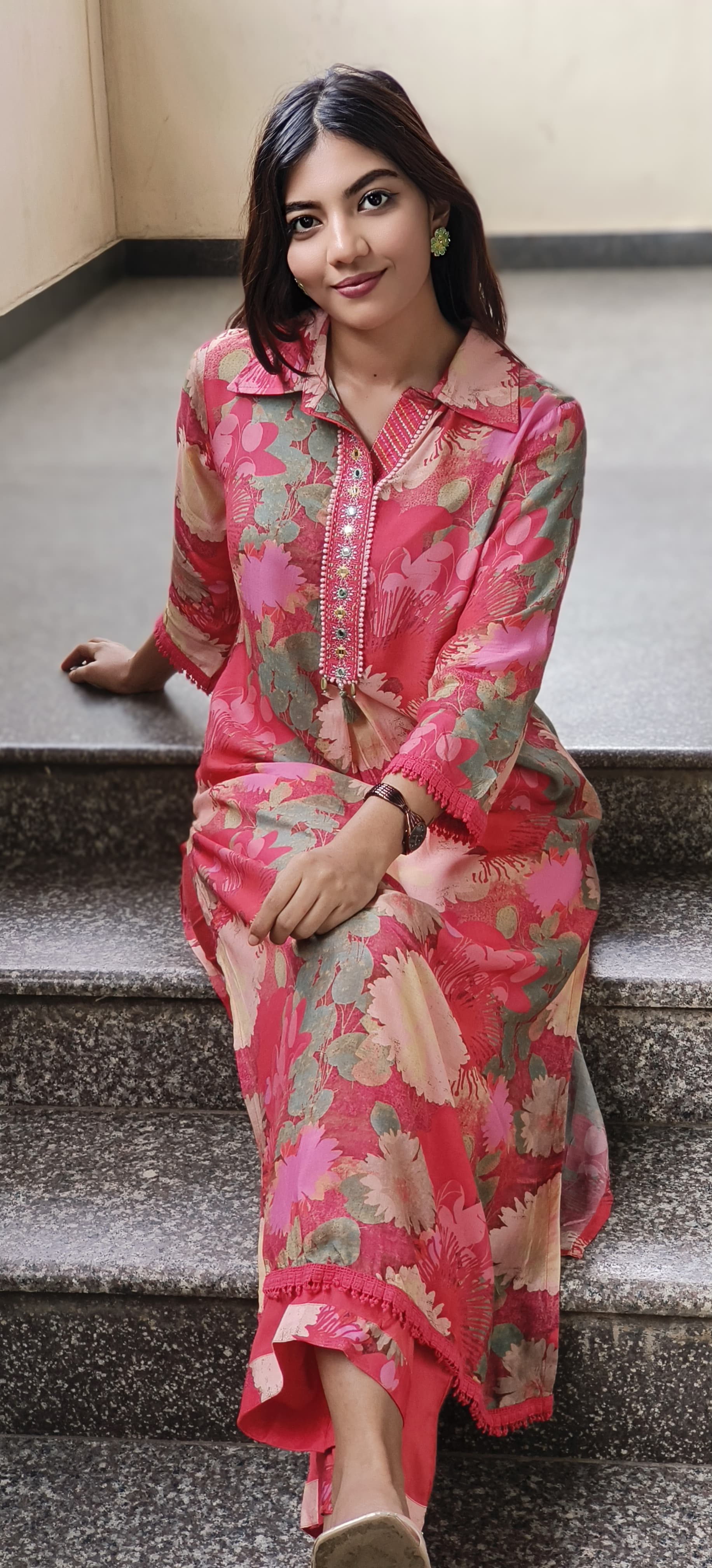 Mandarin Collar Long Length Floral Kurta Pant Set In Muslin Fabric- 10420