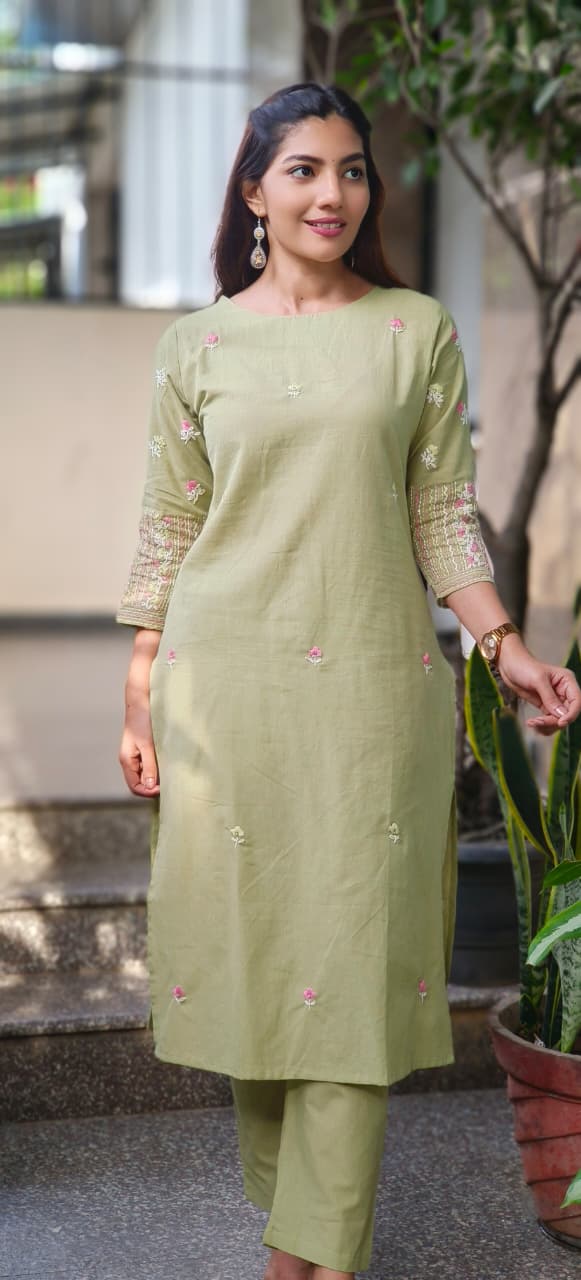 Pastel Elegance Floral Embroidery Kurta Pant Set