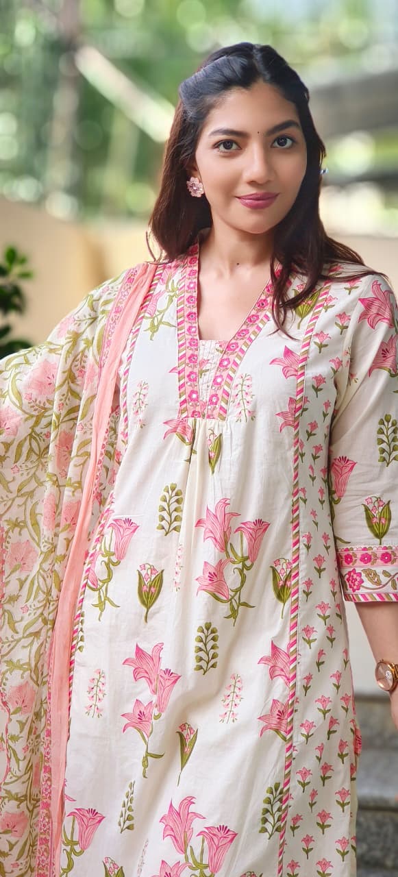 V-Neck Floral Elegance A-Line Cotton Full Suit Set With Dupatta- 10384
