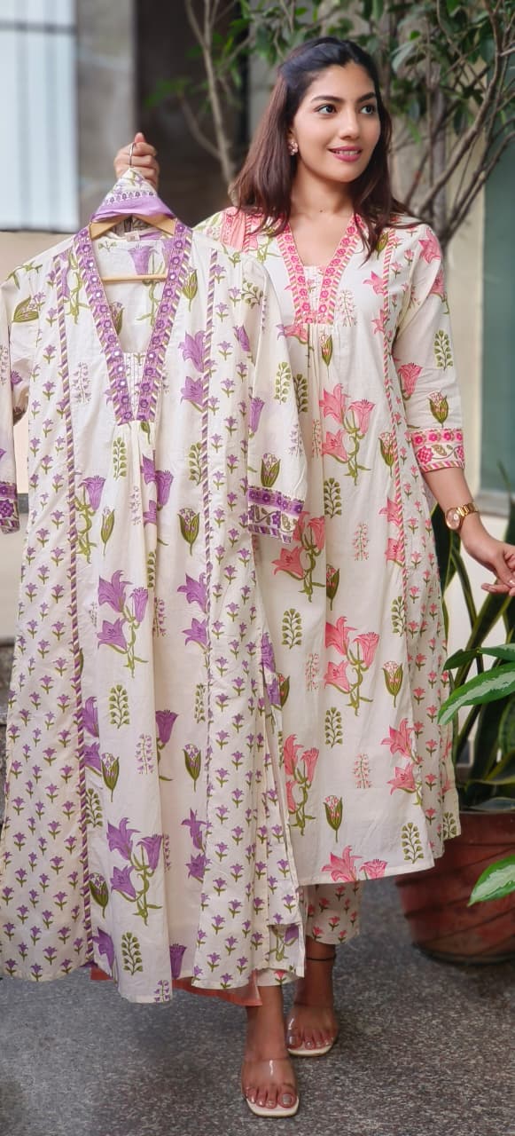V-Neck Floral Elegance A-Line Cotton Full Suit Set With Dupatta- 10384