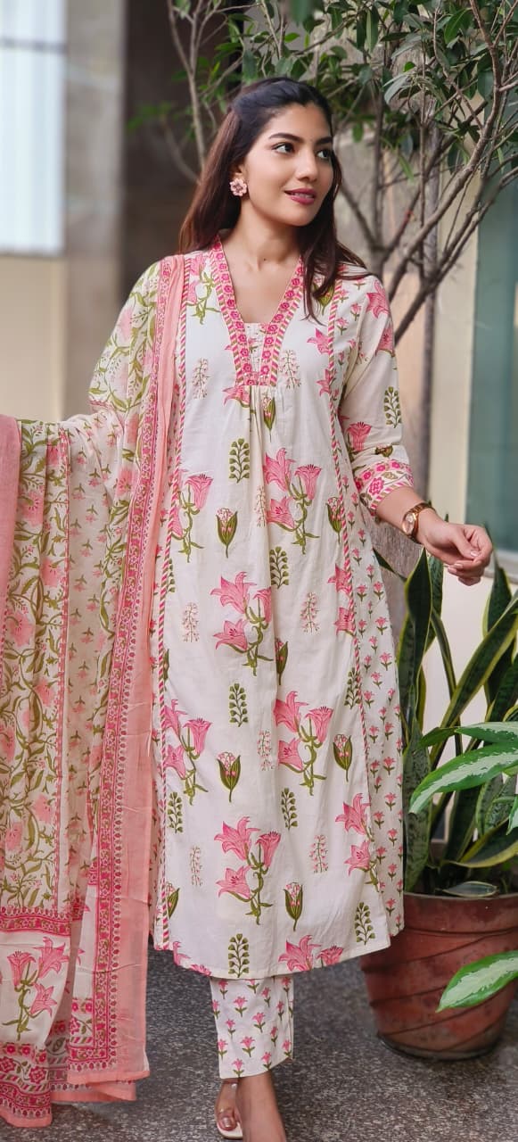 V-Neck Floral Elegance A-Line Cotton Full Suit Set With Dupatta- 10384