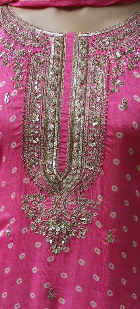 Gulabi Blush Bandhej Full Suit Set With Loose Palazzo Bottom & Dupatta-10339