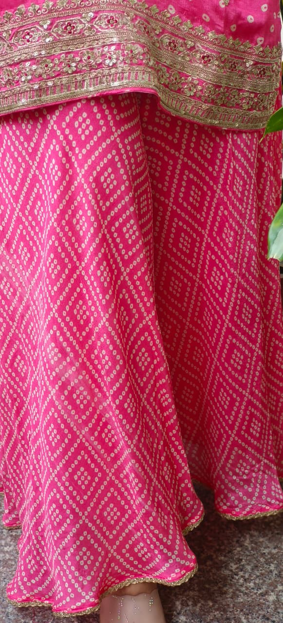 Gulabi Blush Bandhej Full Suit Set With Loose Palazzo Bottom & Dupatta-10339